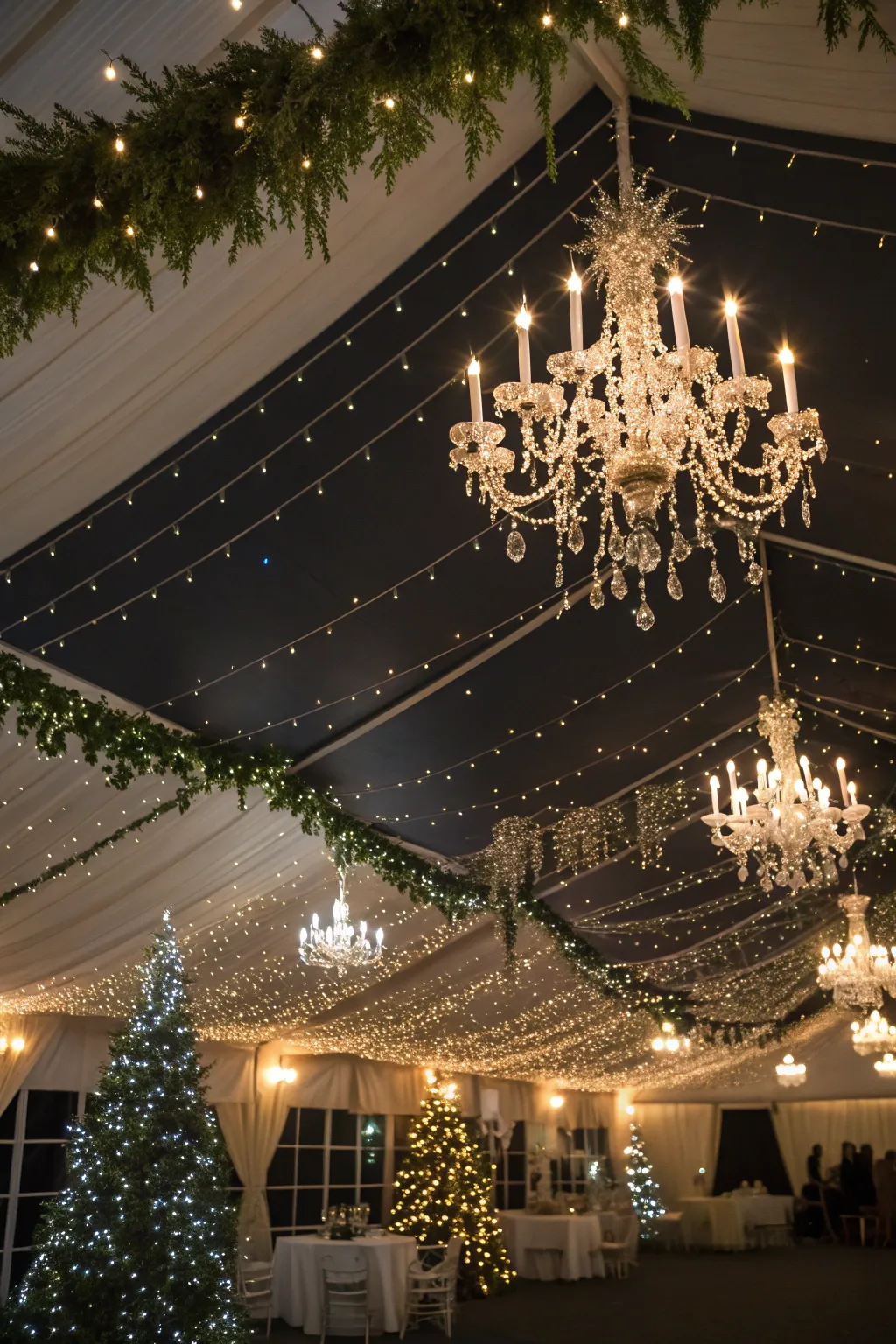 Ceiling decor adds charm and magic to the festive atmosphere.