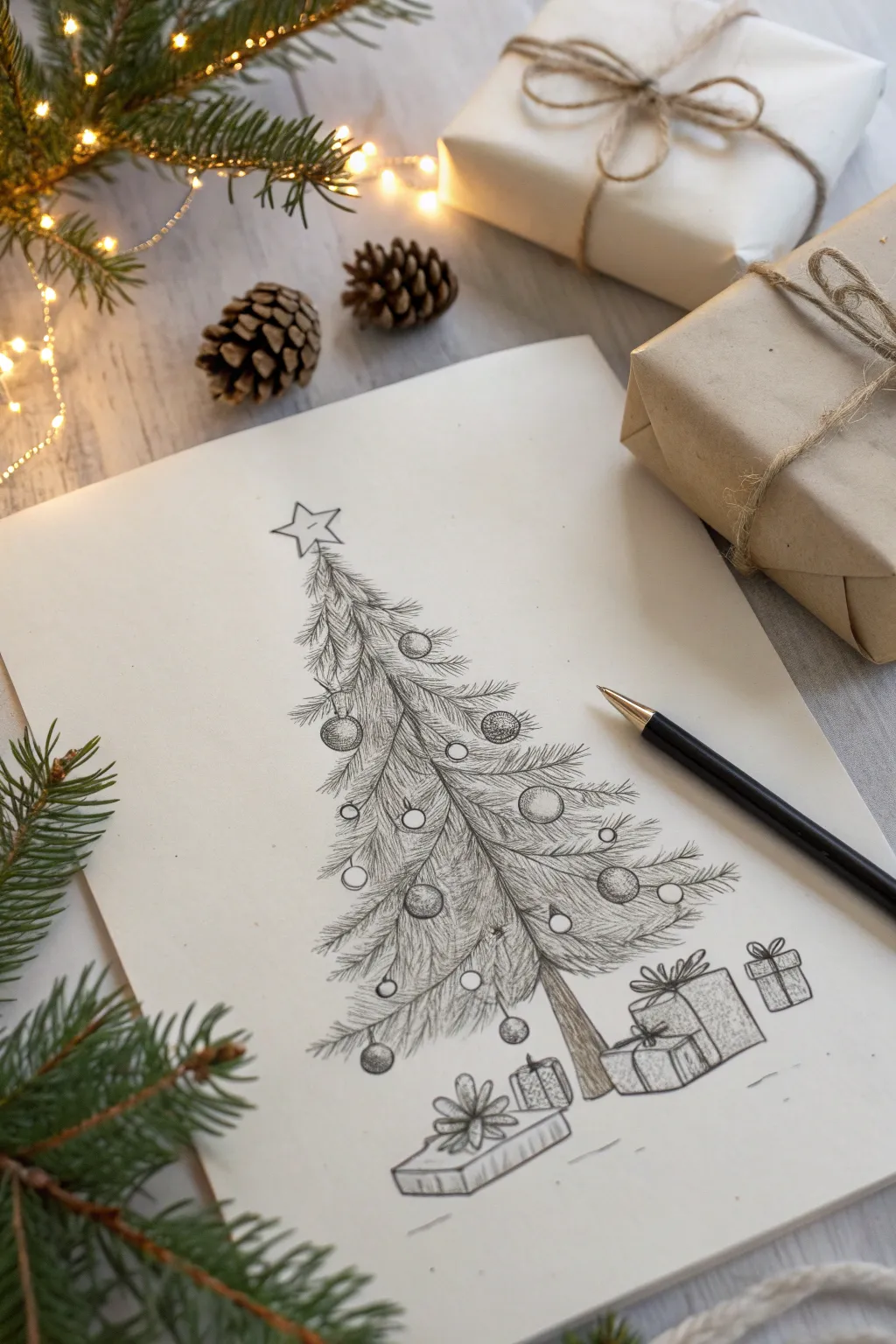 Capture the essence of Christmas with a minimalist sketch of an evergreen tree, a celebration of simplicity and natural beauty.