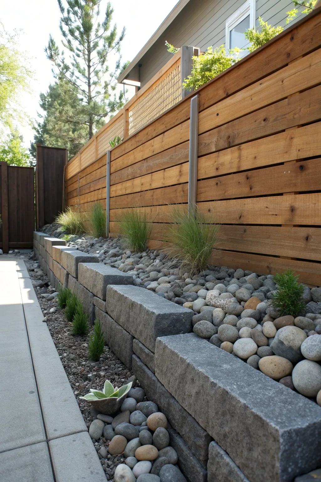 Elevate your garden with a stunning mix of materials for a unique and stylish wall.