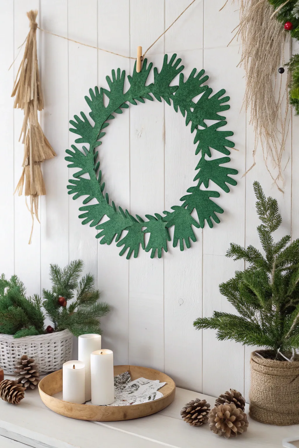Capture the festive spirit with a charming handprint Christmas wreath, embracing simplicity and natural beauty.