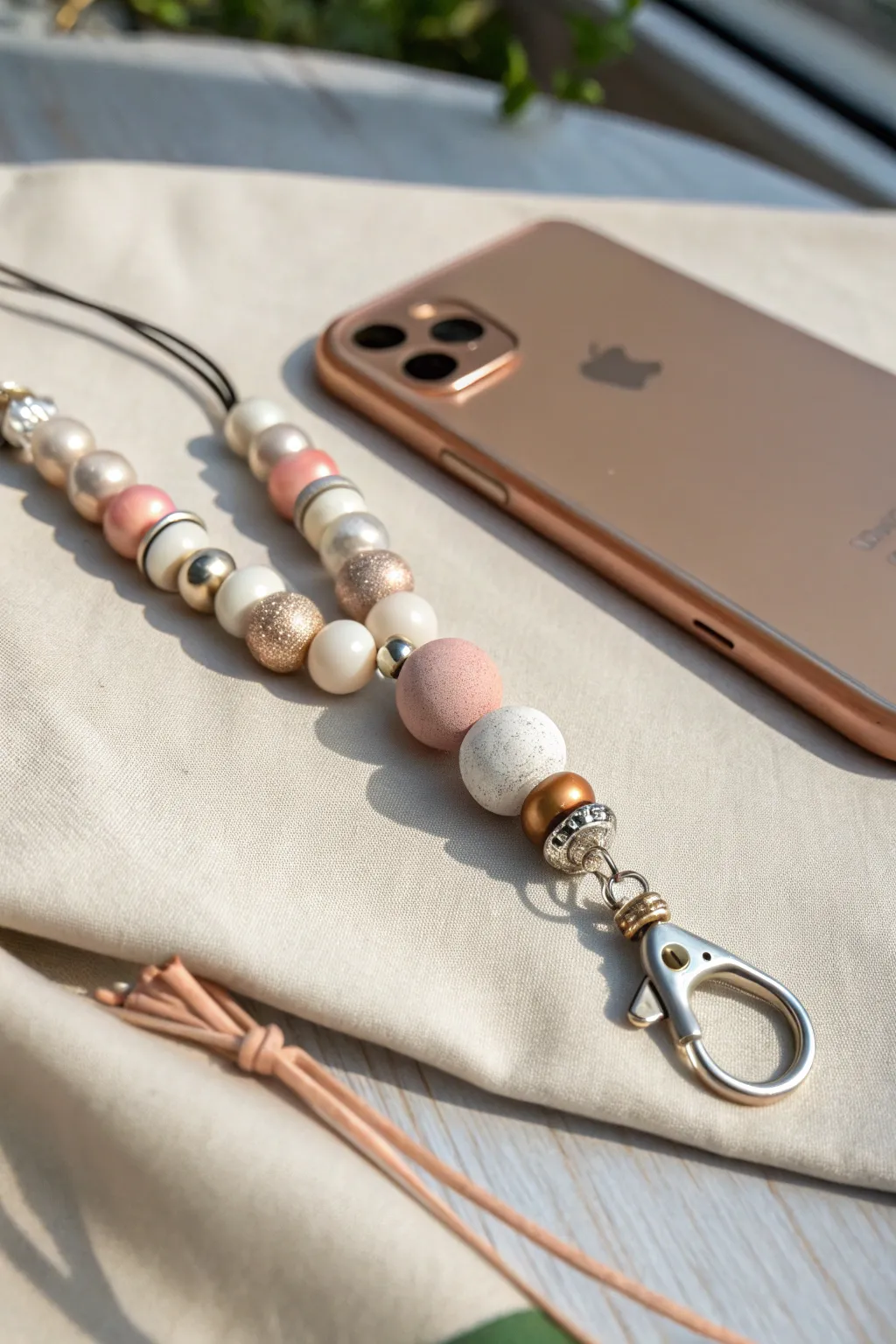 Add a touch of elegance to your phone with this chic metallic and clay bead charm.