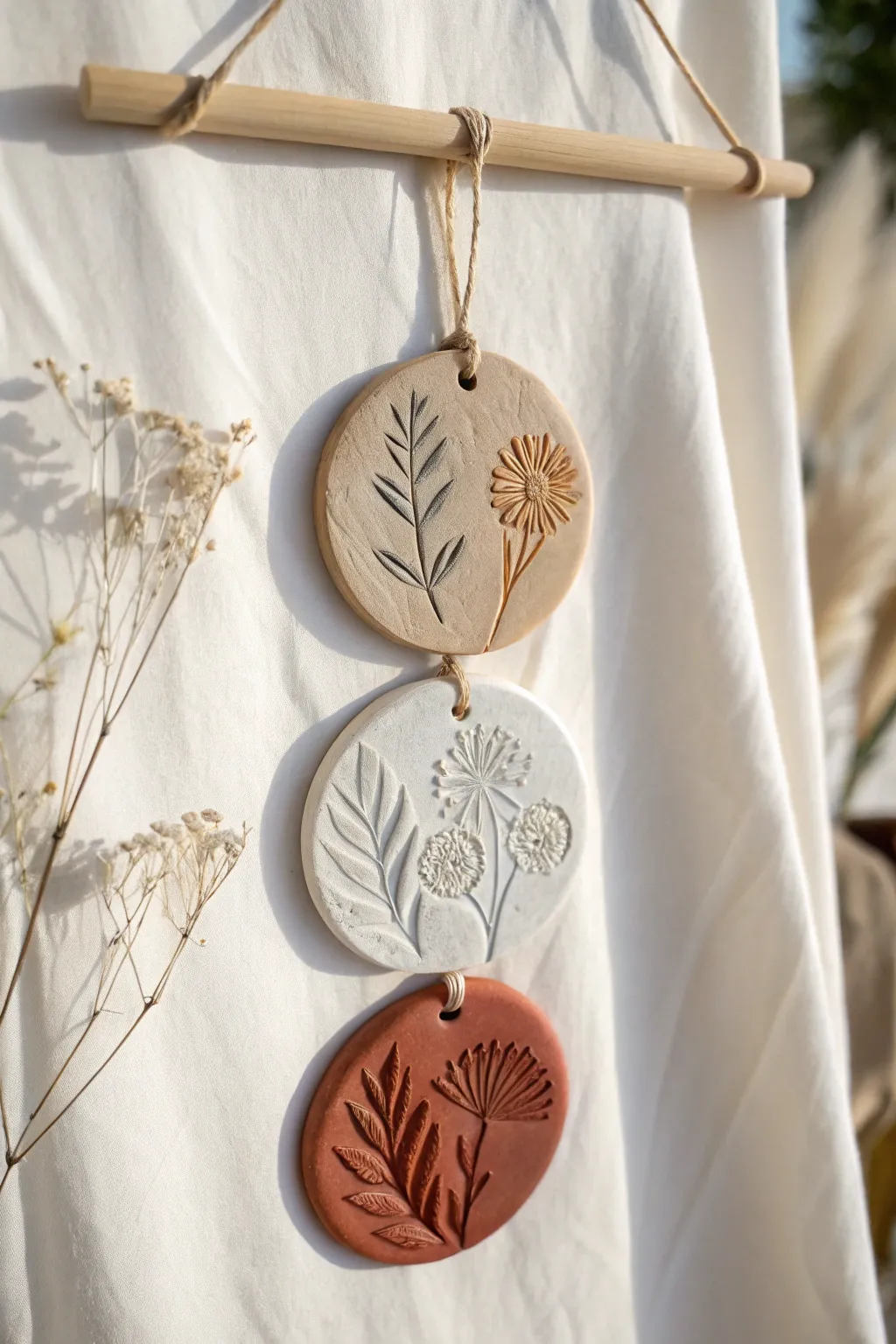 Embrace the serene beauty of nature with this minimalist clay botanical wall hanging, perfect for adding a touch of elegance to any space.