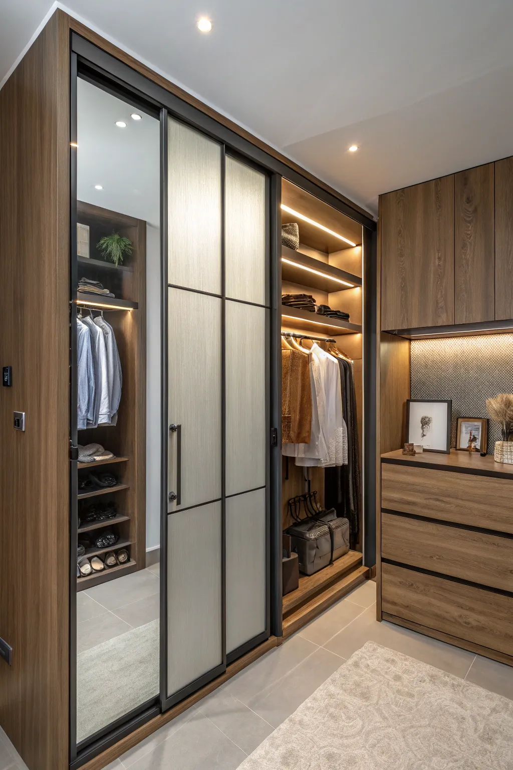 Modern closet with a combination of wood, glass, and metal materials.