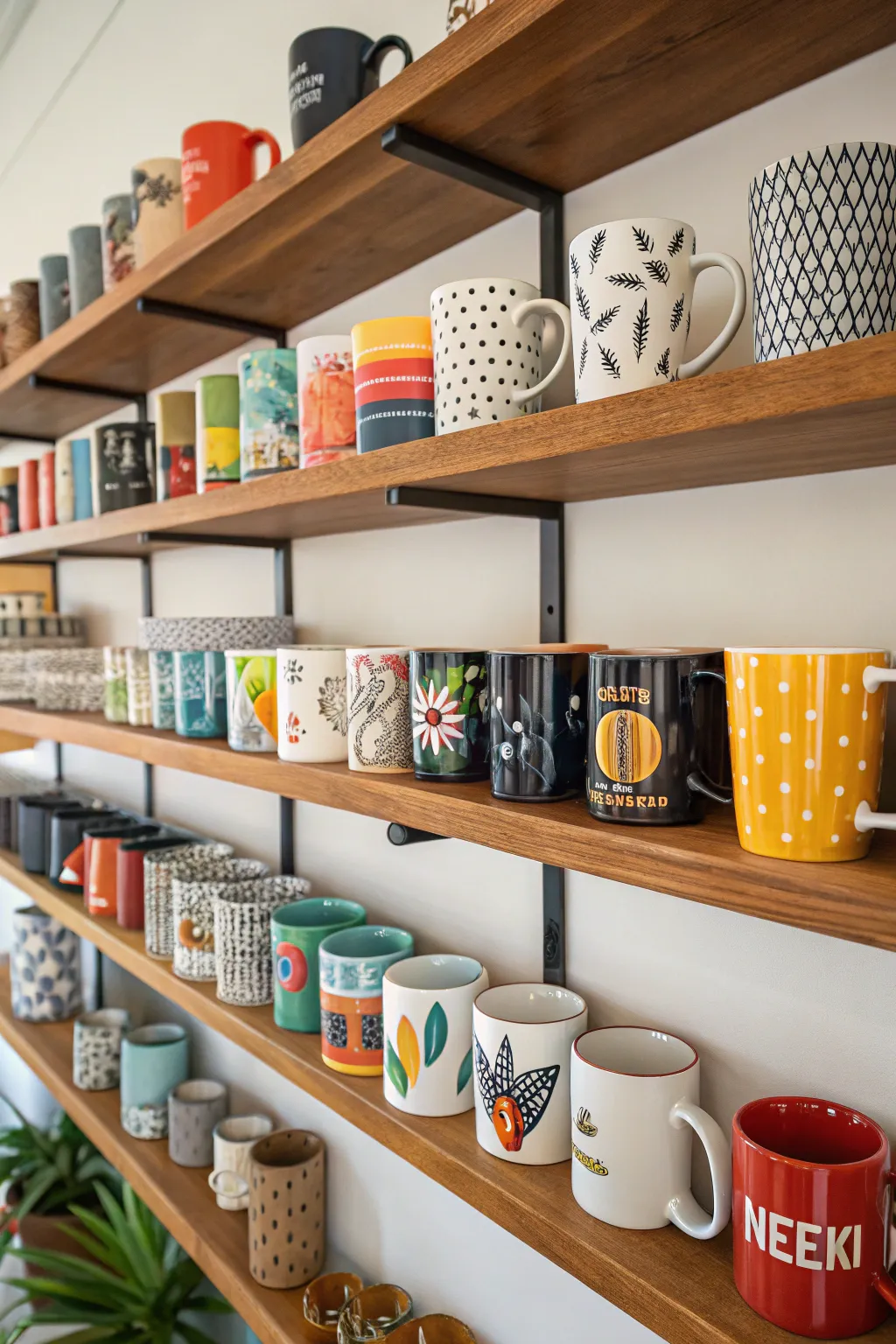 Open shelves showcasing a collection of unique coffee mugs.