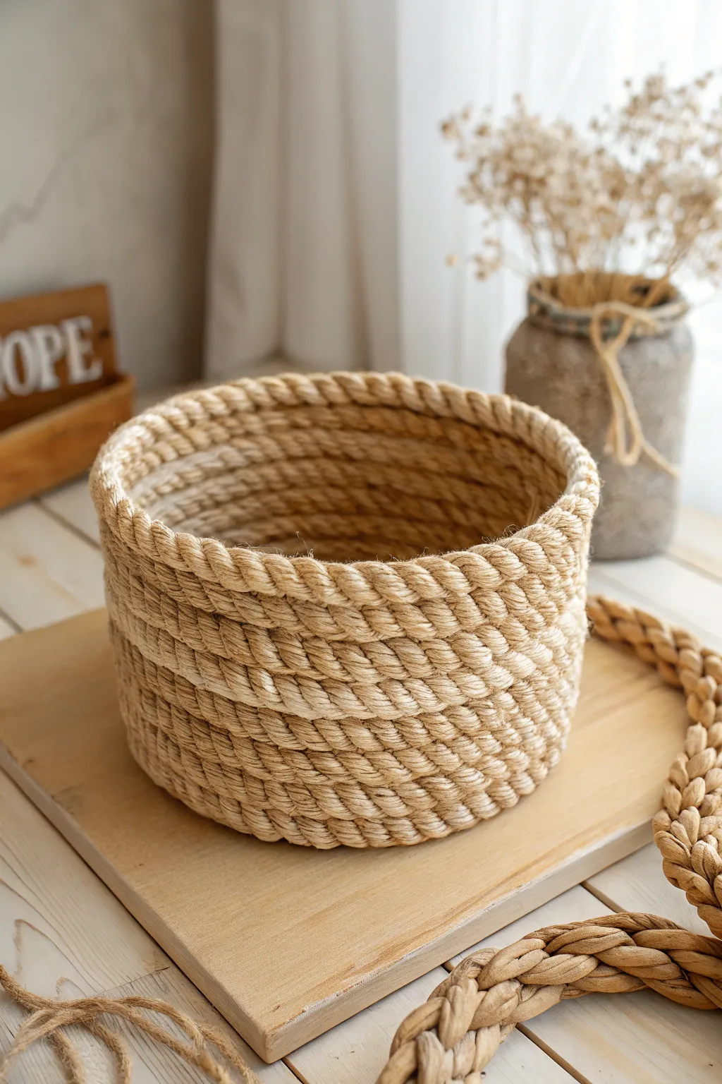 Embrace the warmth of rustic charm with this beautifully handcrafted rope basket.