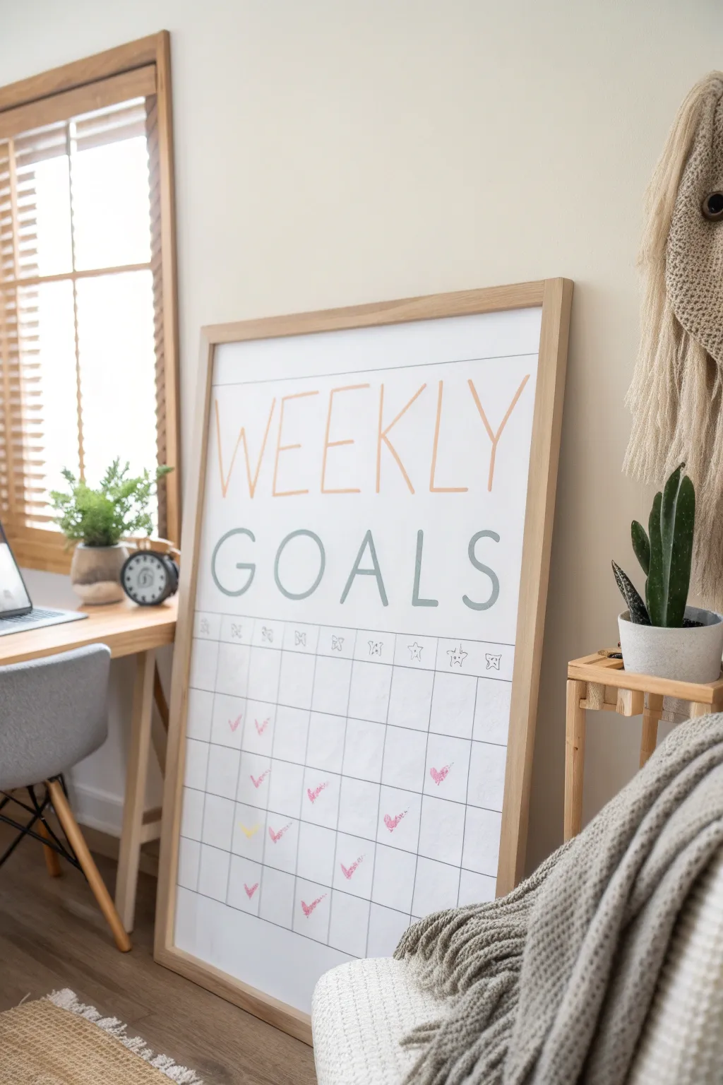 Stay on track with style: your weekly goals beautifully displayed in a minimalist dorm haven.