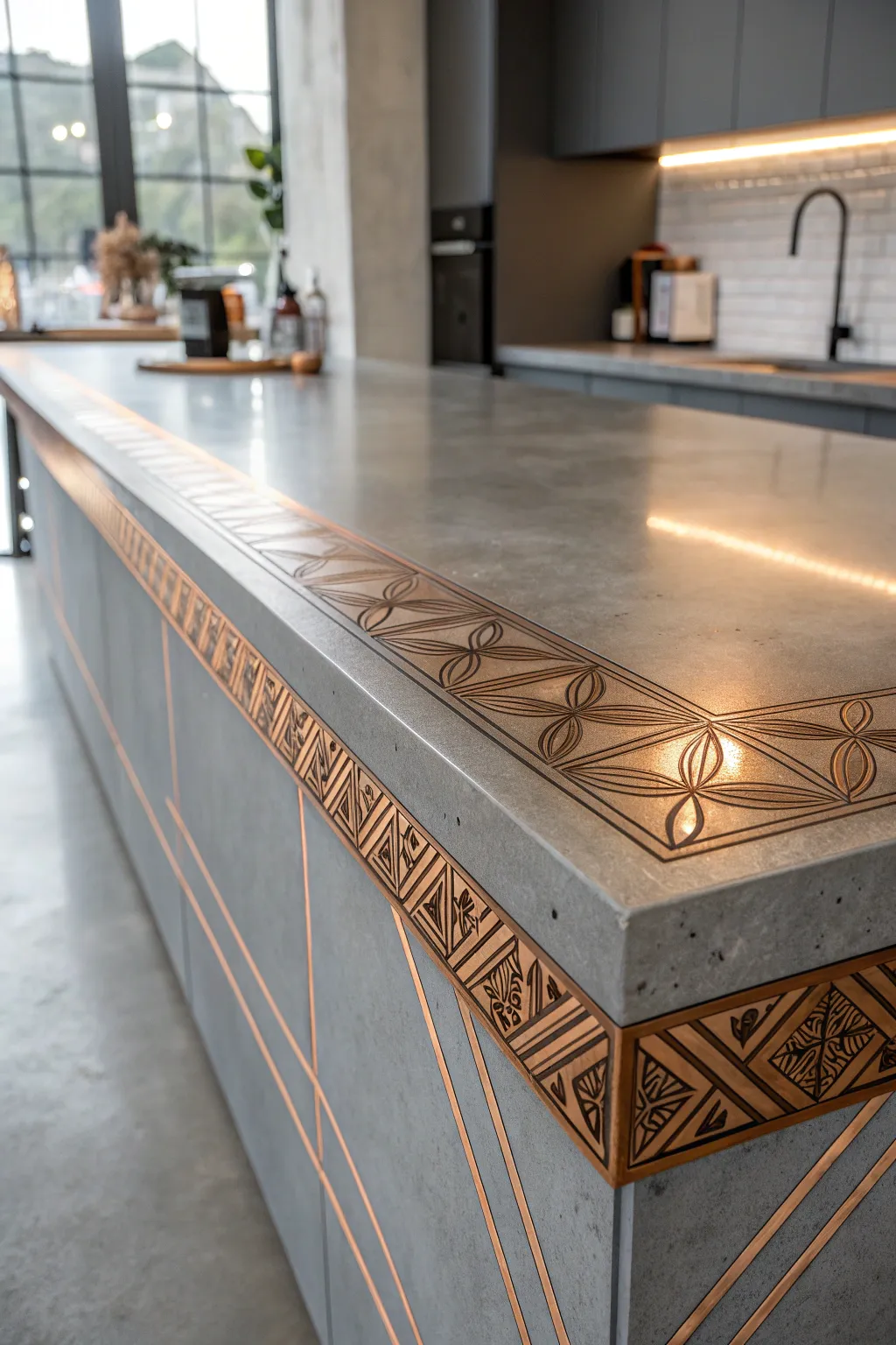 Elevate your space with the timeless elegance of copper inlays on concrete.