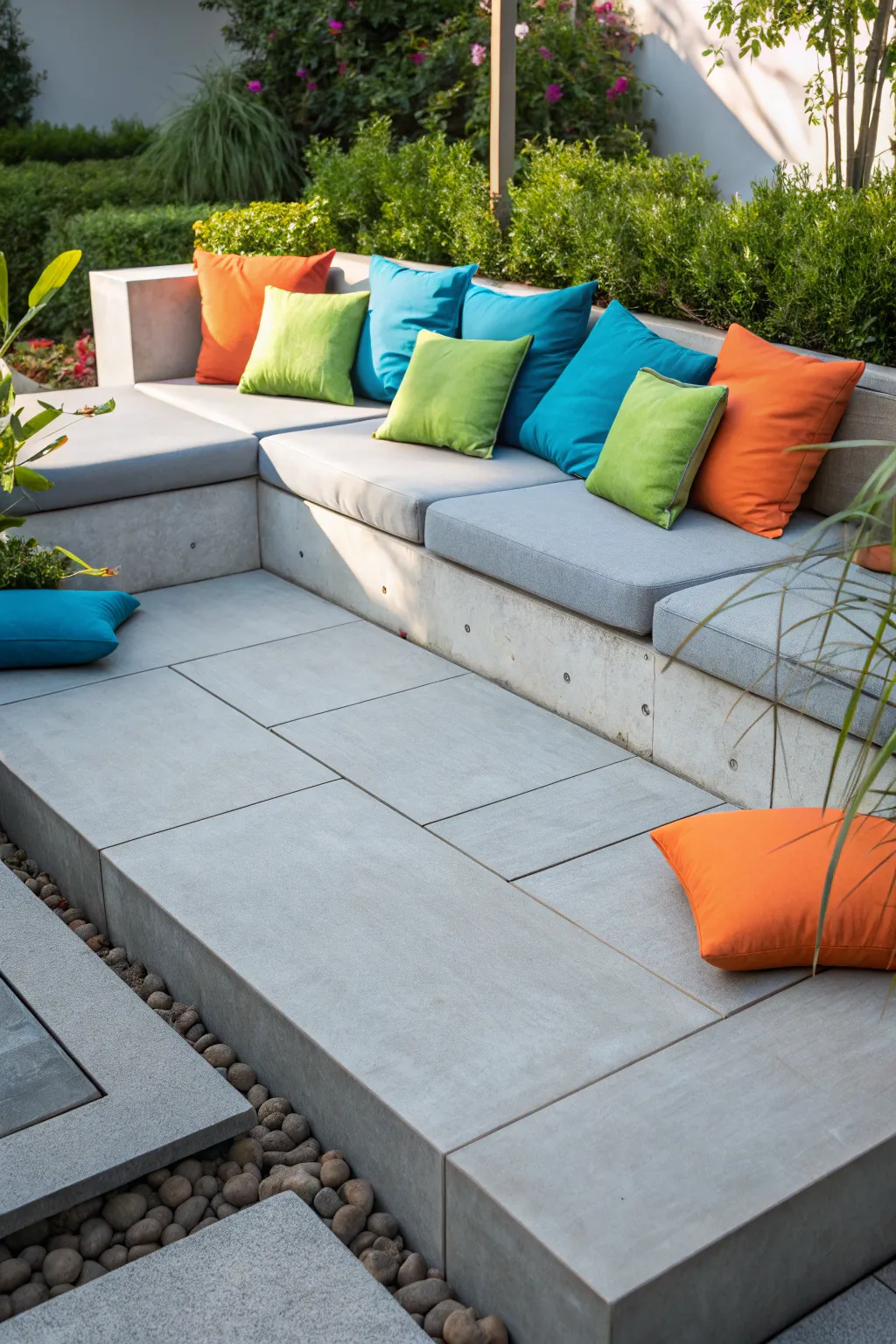 Transform your outdoor space with sleek concrete pavers and vibrant seating for the ultimate relaxation spot.
