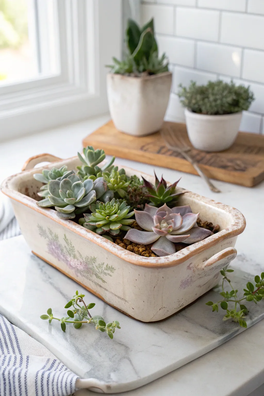 Transform your kitchen counter with this charming succulent planter made from a vintage baking dish. #HomeDecor #SucculentLove