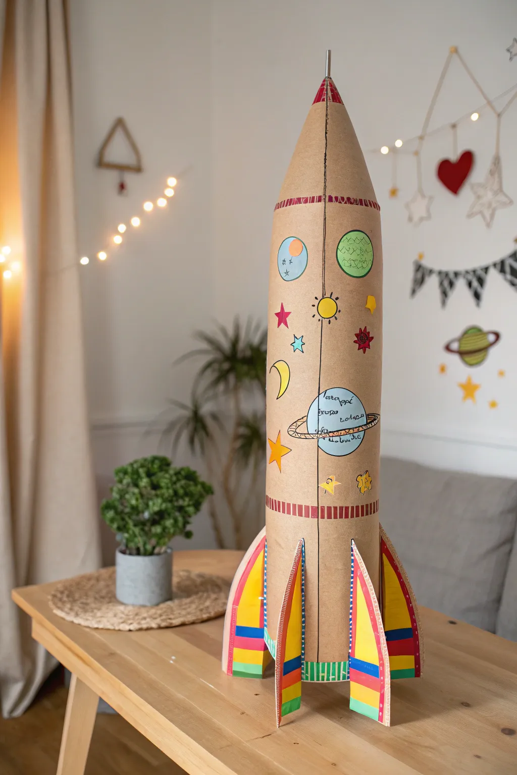 Blast off into creativity with this charming cardboard rocket ship!