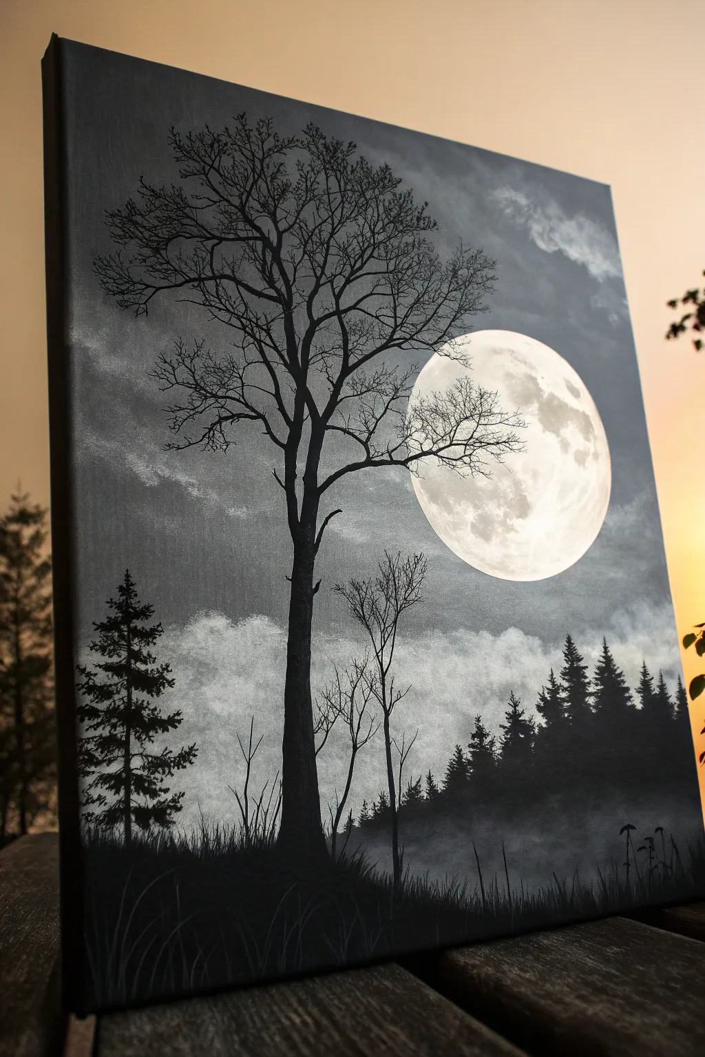 Embrace the serene mystery of a moonlit forest with minimalist elegance.