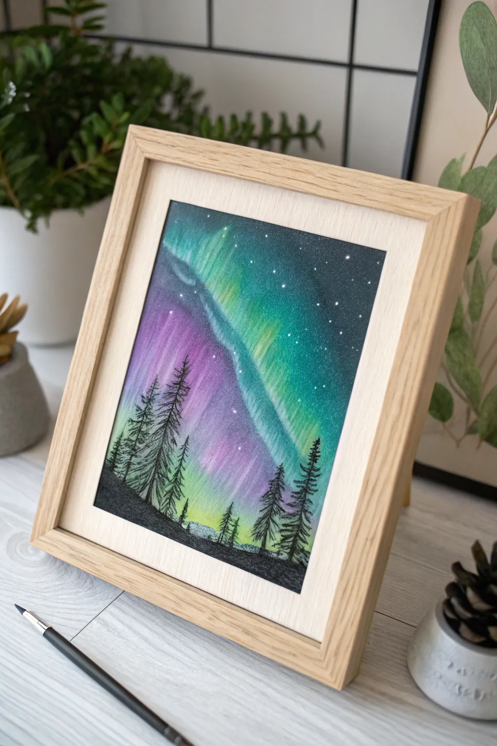 Capture the enchanting dance of the Northern Lights with a minimalist touch. 🌌✨ #ScandiBoho #OilPastels #NorthernLights
