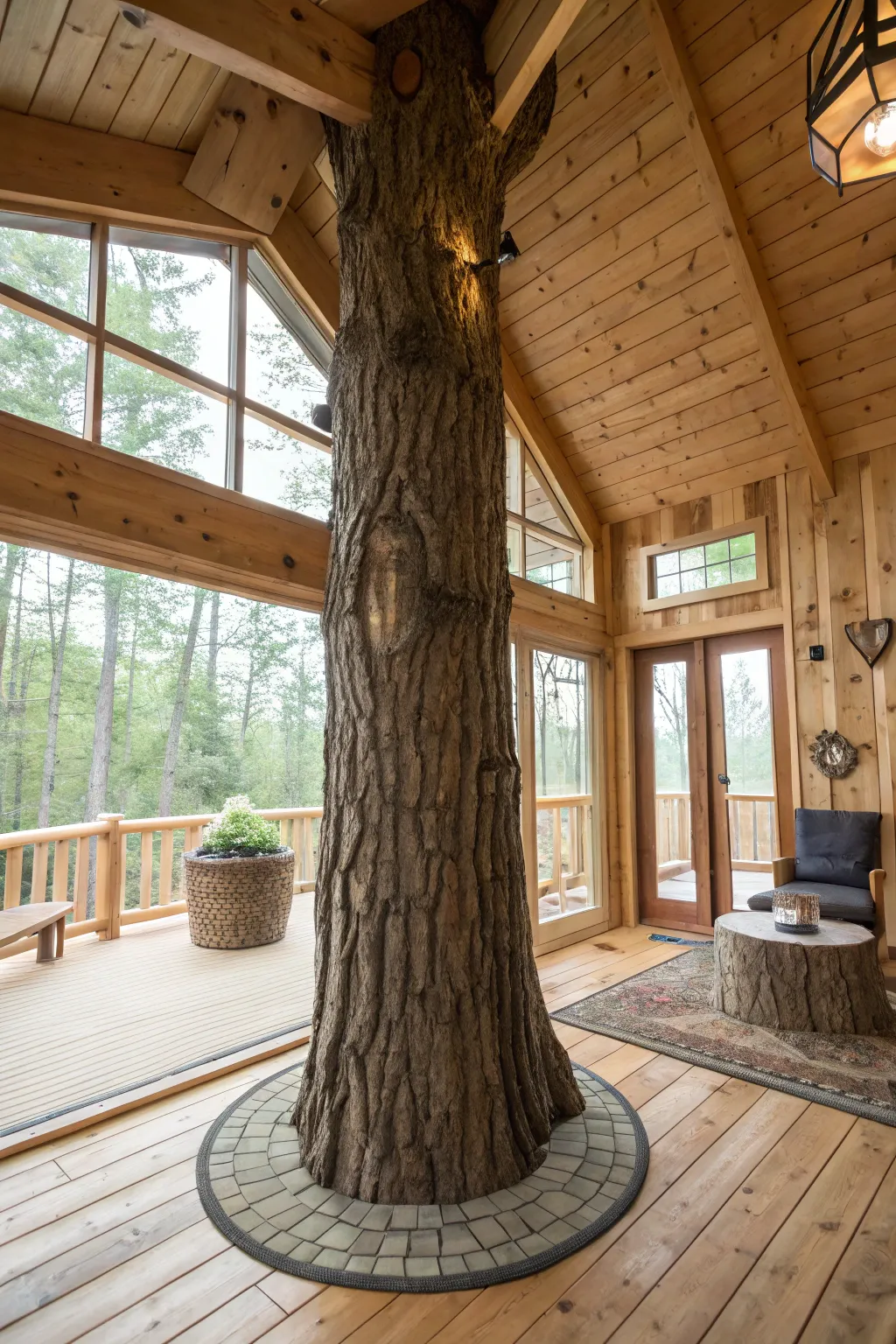 Embrace nature's elegance with a treehouse design that seamlessly integrates a majestic tree trunk as its heart.