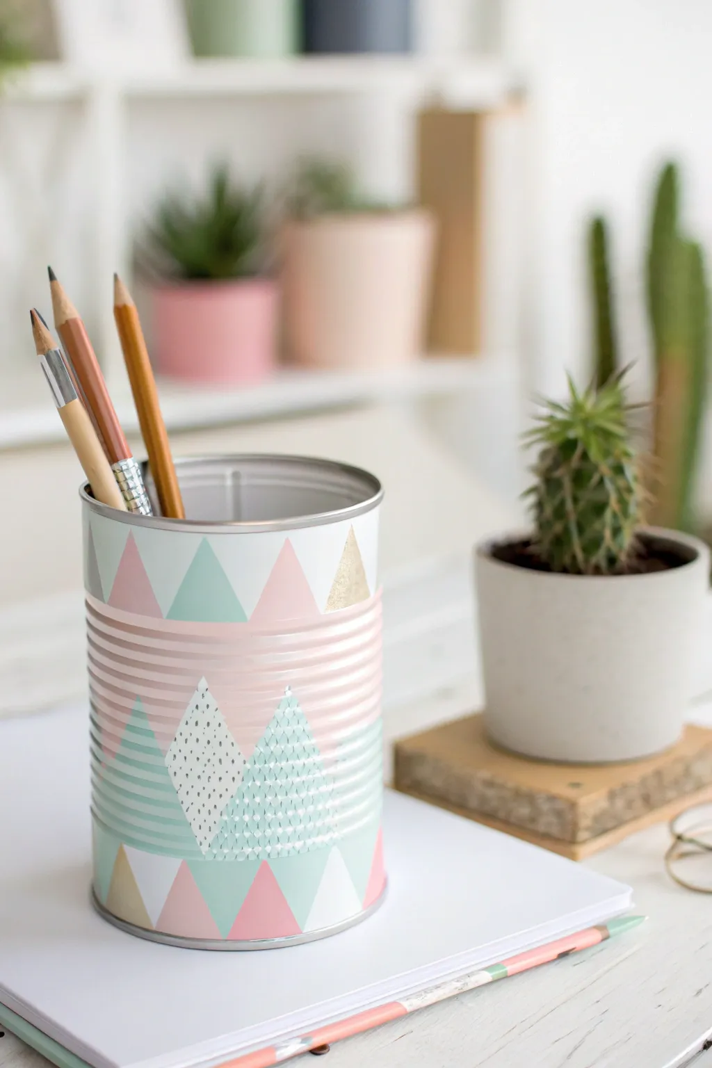 Transform your workspace with a touch of creativity: a minimalist tin can desk organizer that blends simplicity with vibrant elegance.