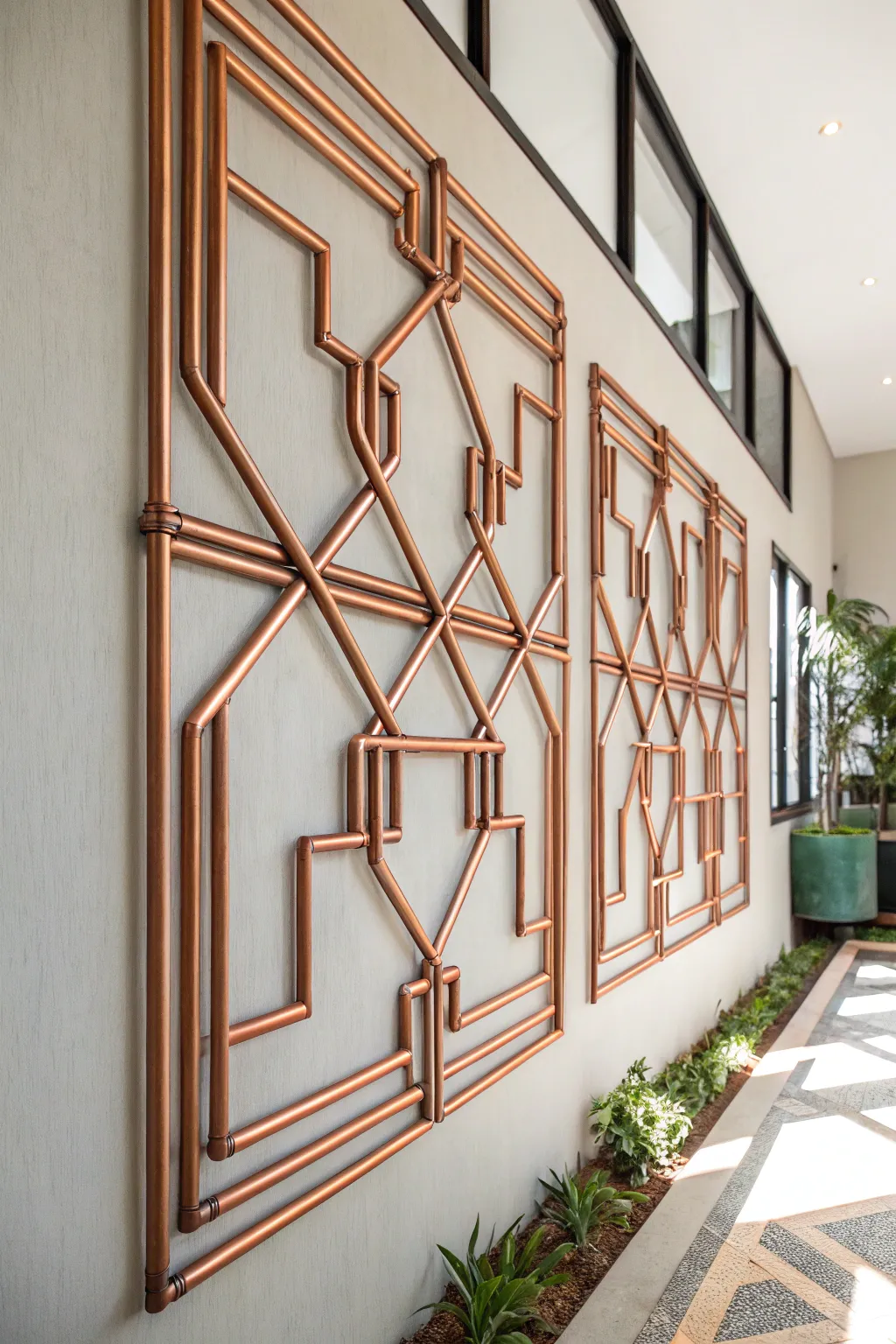 Elevate your space with the sleek elegance of copper pipe geometric art.