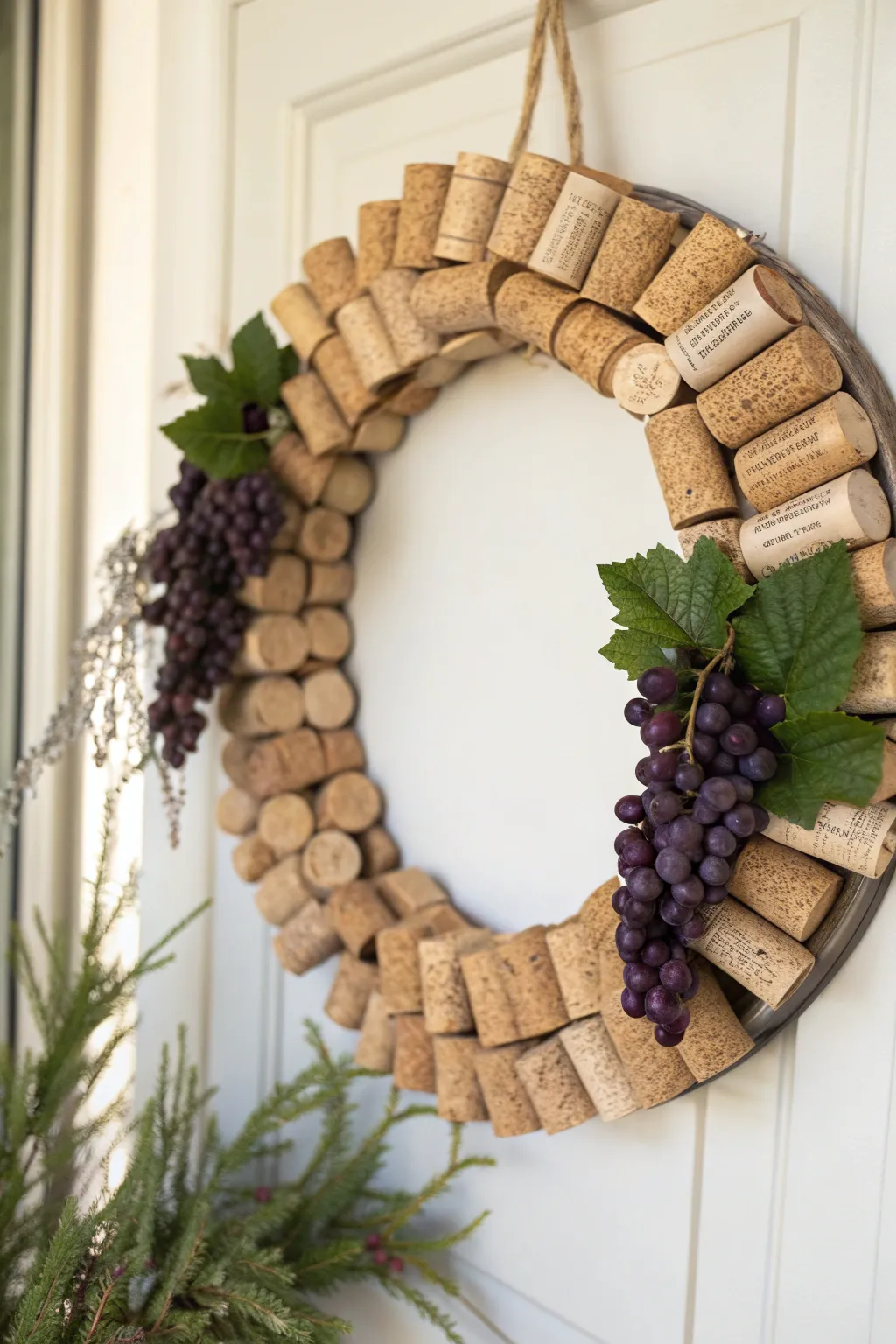 Embrace vineyard charm with a whimsical cork wreath adorned with grape clusters.