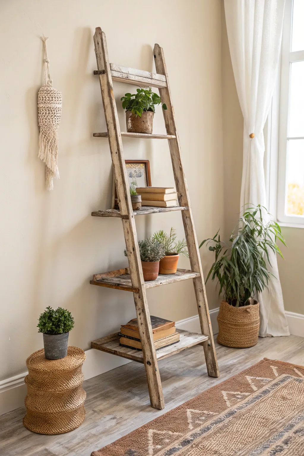 Transform rustic charm into a stunning focal point with a vintage ladder shelf.