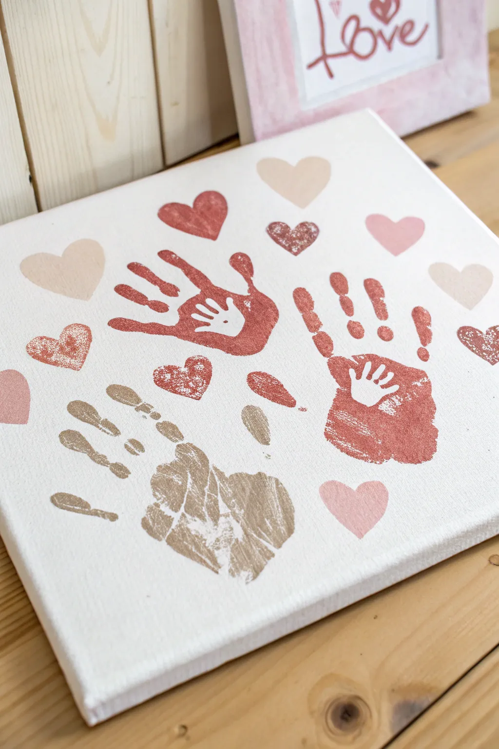Capture your love story with heartfelt handprints and delicate hearts, a minimalist canvas art that speaks volumes.