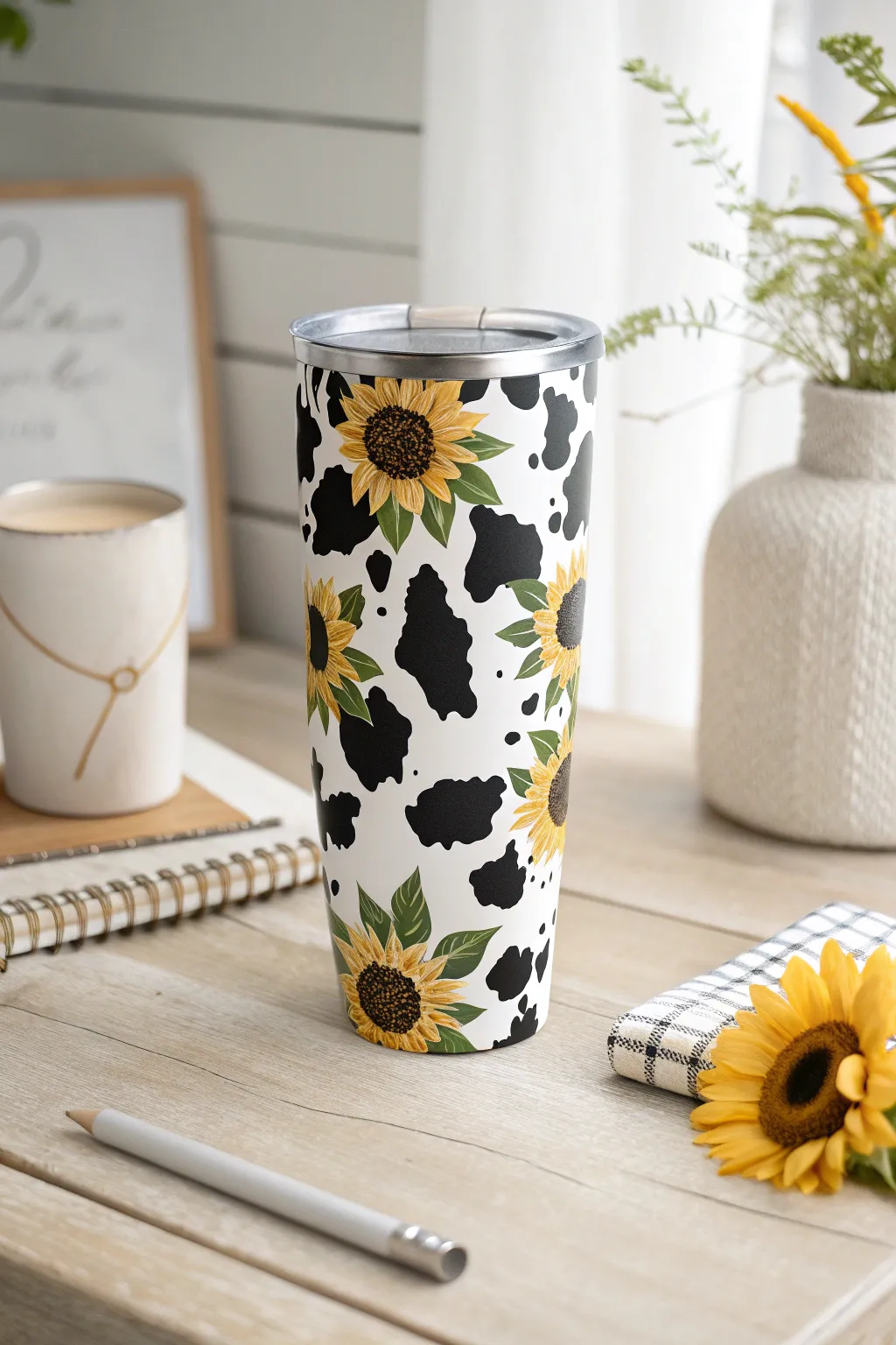 Embrace the charm of nature with this stunning cow print tumbler adorned with sunflower accents. Perfect for those who love a blend of minimalist and boho style.