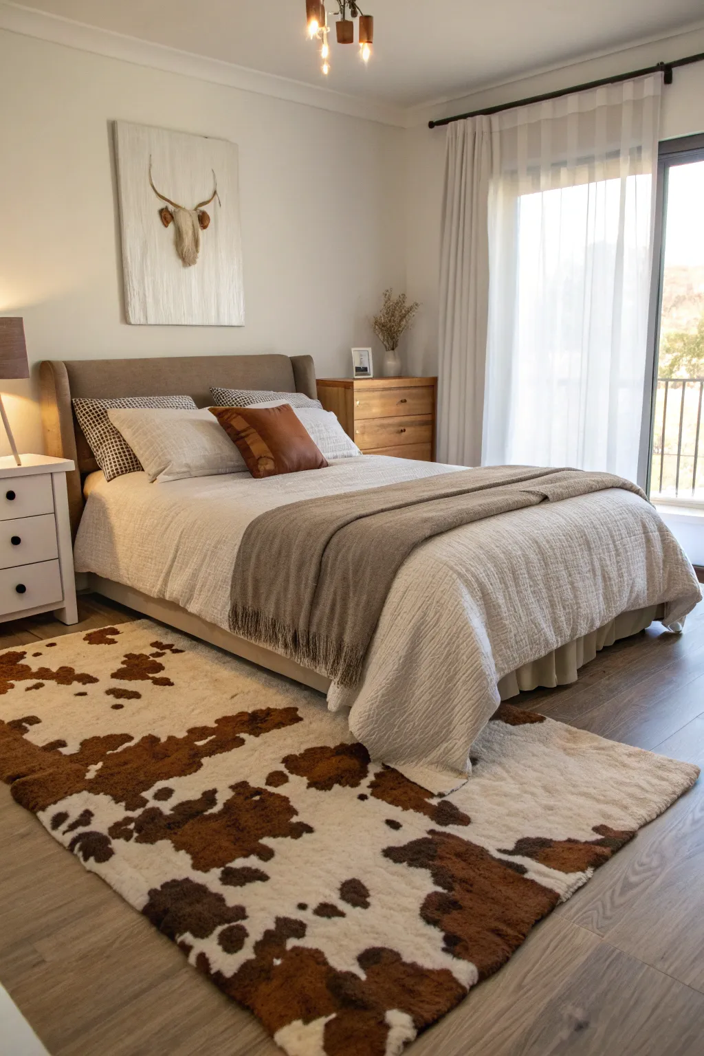 A stylish bedroom with a cowhide rug under the bed.