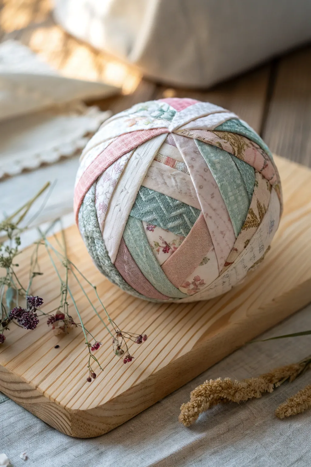 Transform simple foam balls into tactile art pieces with fabric scraps for a cozy, minimalist touch.