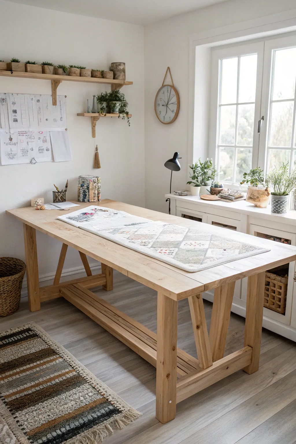 Embrace creativity with a spacious and serene craft table, perfect for your next big project.