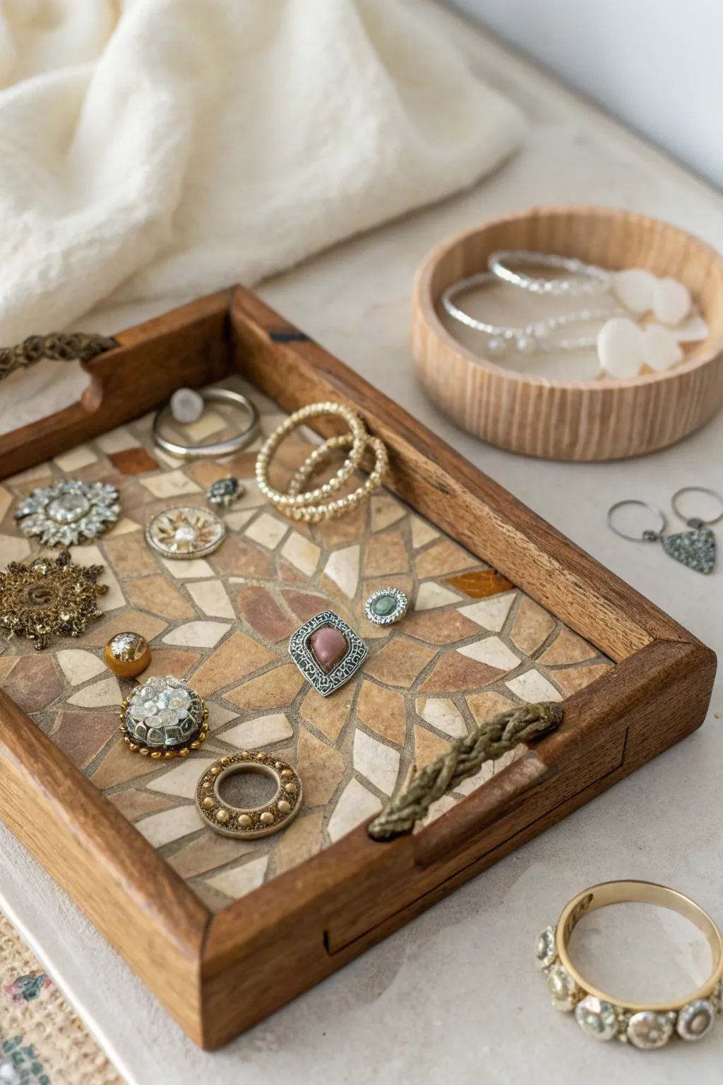 Transform old treasures into a stunning centerpiece with this DIY jewelry mosaic tray.