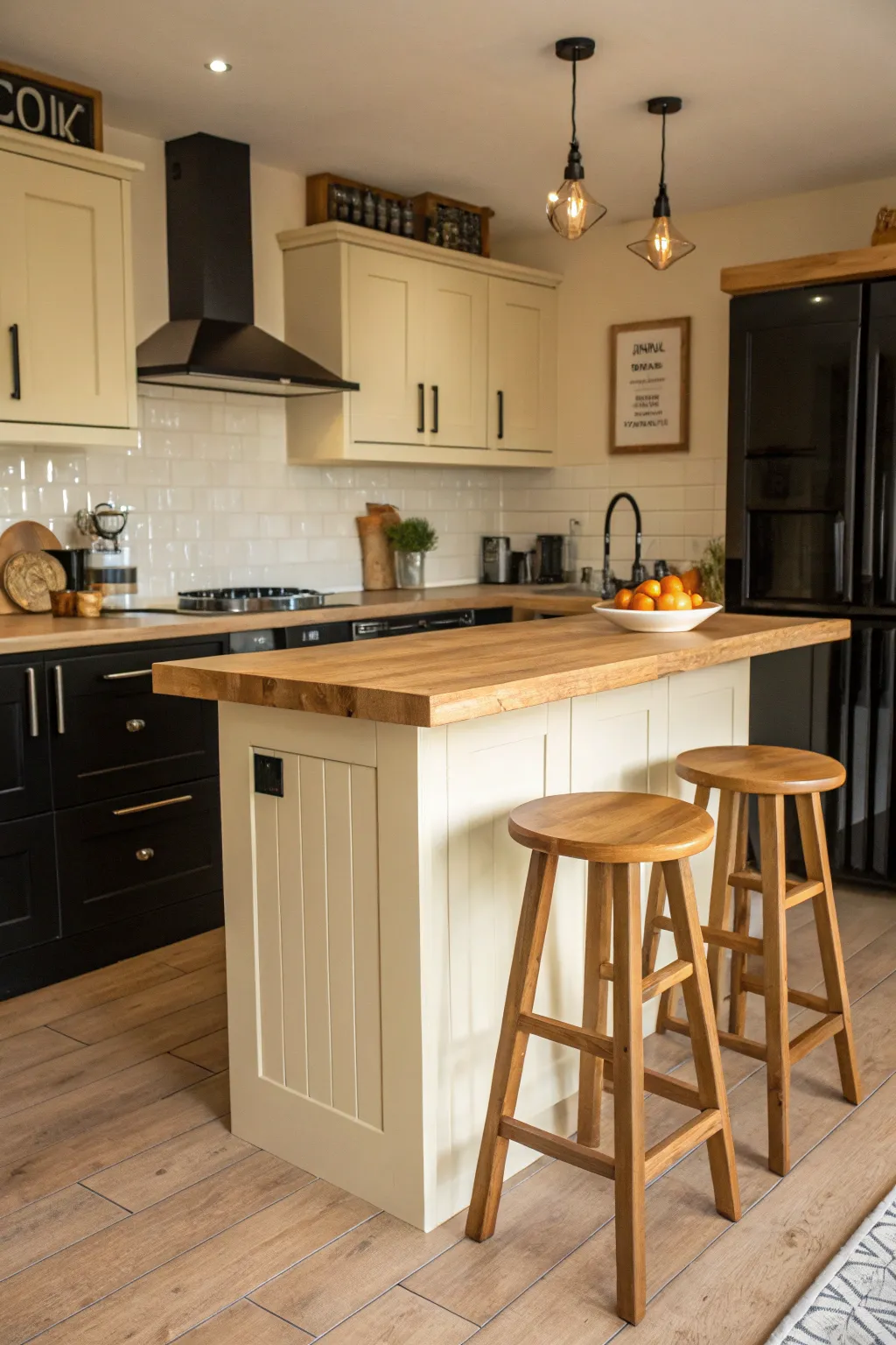 Wooden elements provide warmth and texture to the kitchen.