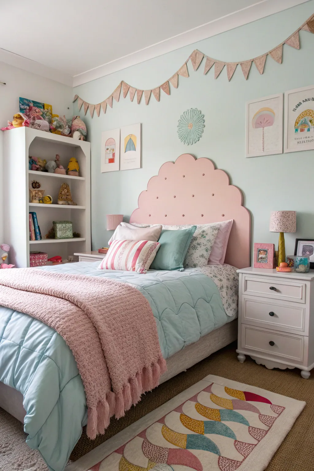 Scalloped edges add a whimsical twist to traditional headboard shapes.