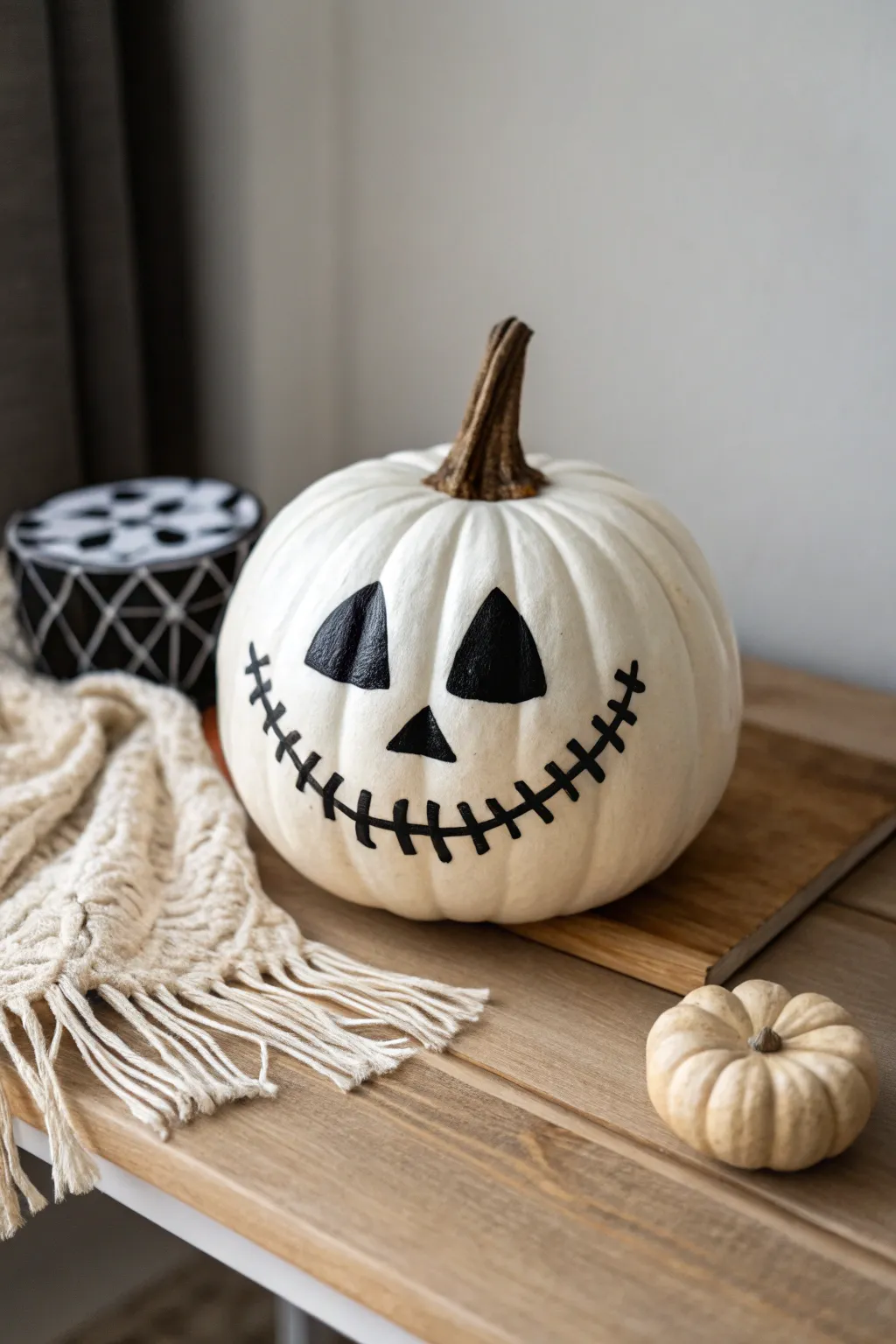 Embrace timeless Halloween elegance with a spooky black and white painted pumpkin.