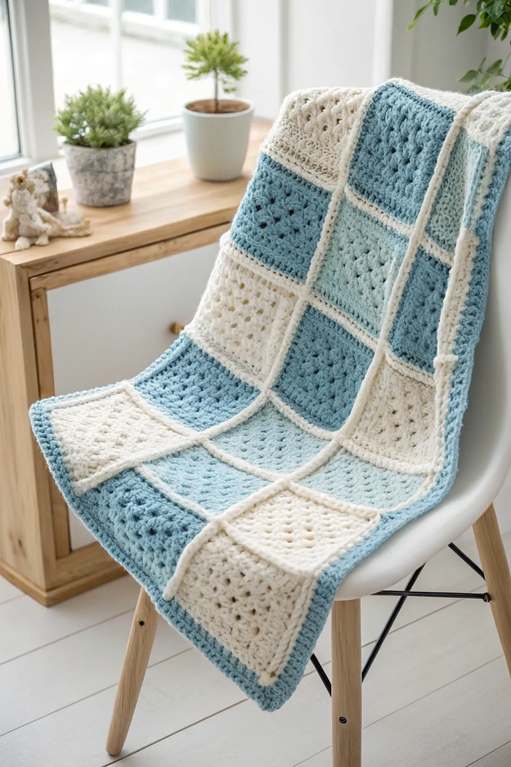 Elevate nursery decor with a chic grid-patterned crochet blanket, where simplicity meets sophistication.
