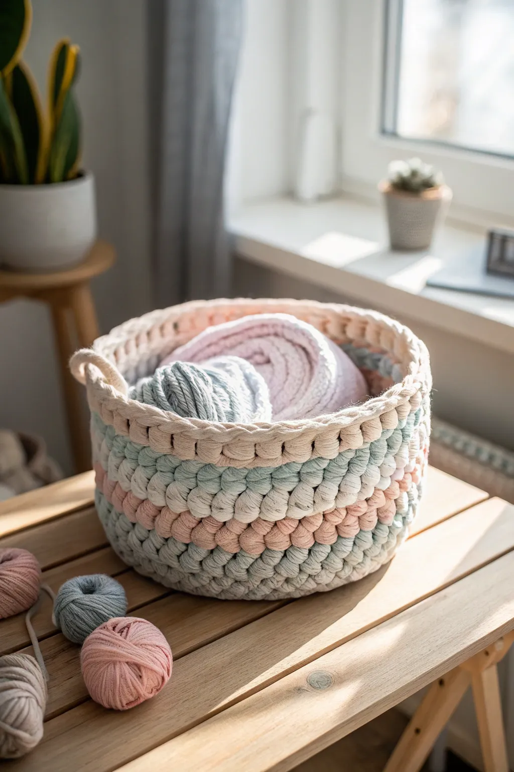 Transform memories into beauty with this charming crochet basket made from upcycled t-shirt yarn. #UpcycleMagic #ScandiBoho