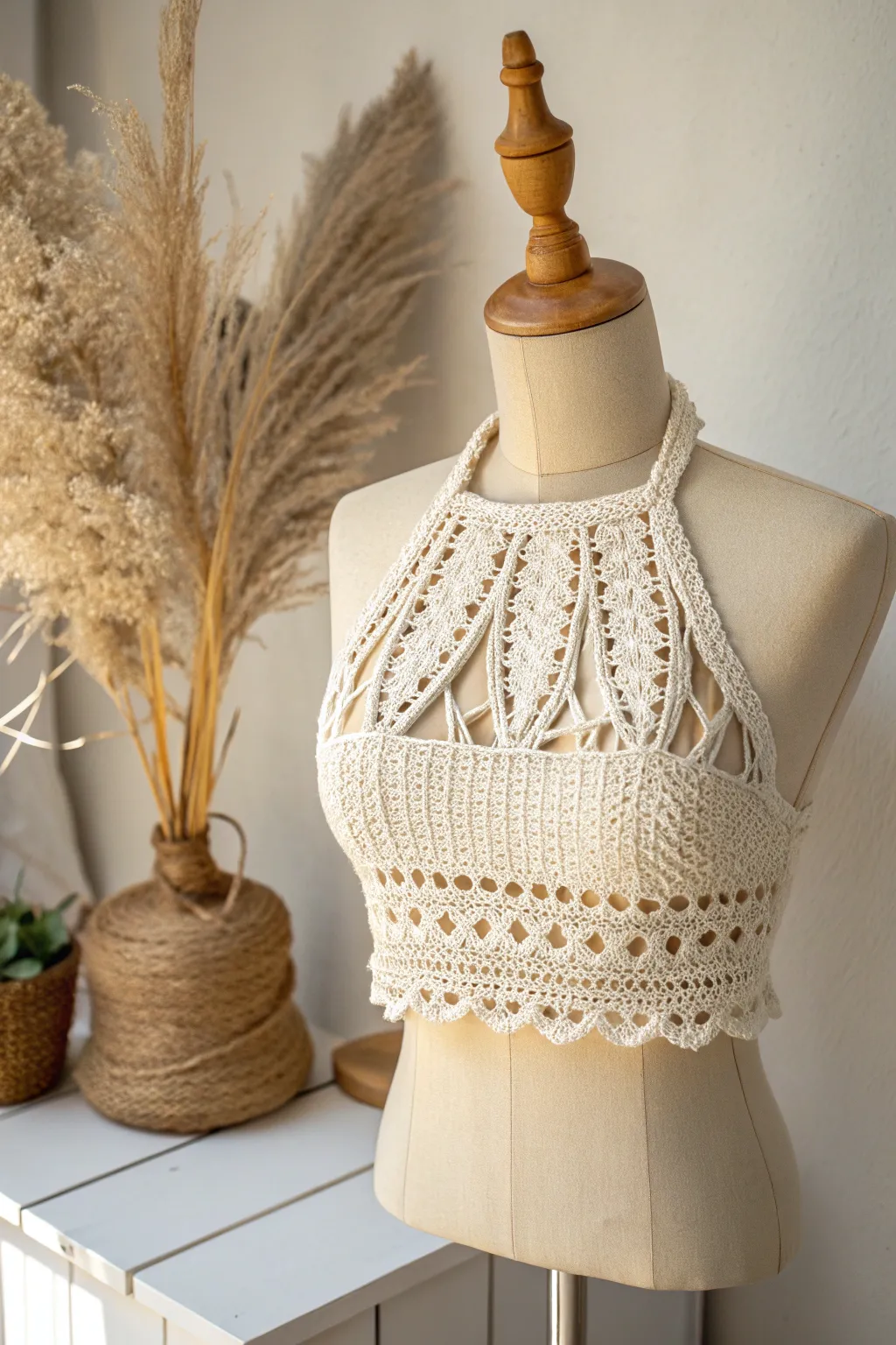 Embrace the elegance of simplicity with this handmade crochet halter neck top, perfect for a serene evening by the sea.