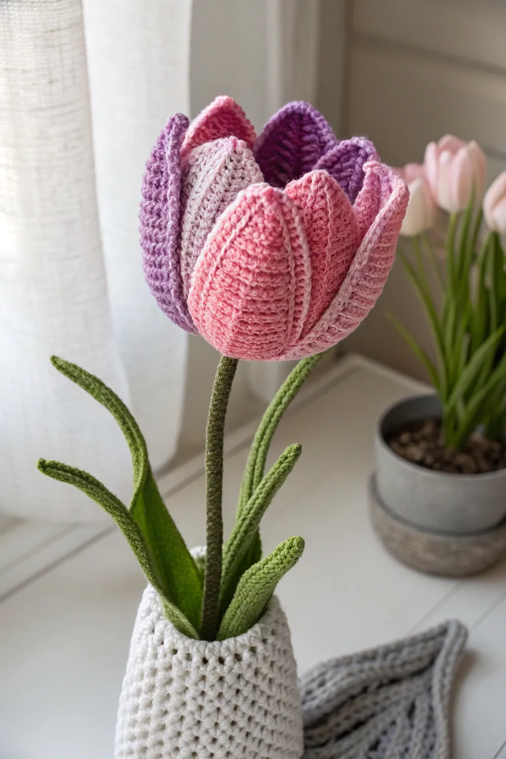 Embrace timeless elegance with a handcrafted crochet tulip, where simplicity meets vibrant beauty.
