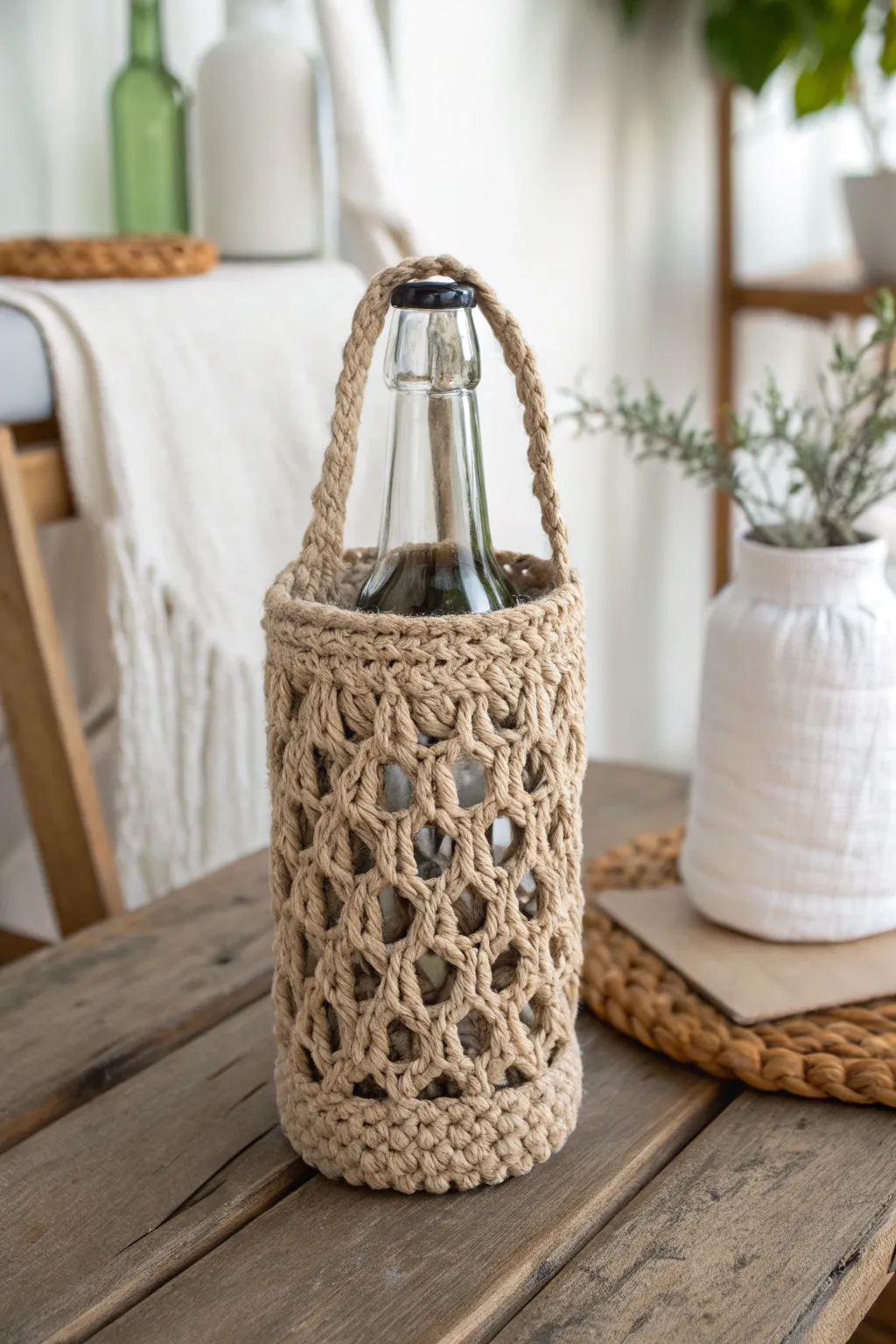 Elevate your picnic style with this chic crochet bottle holder—where craftsmanship meets simplicity.