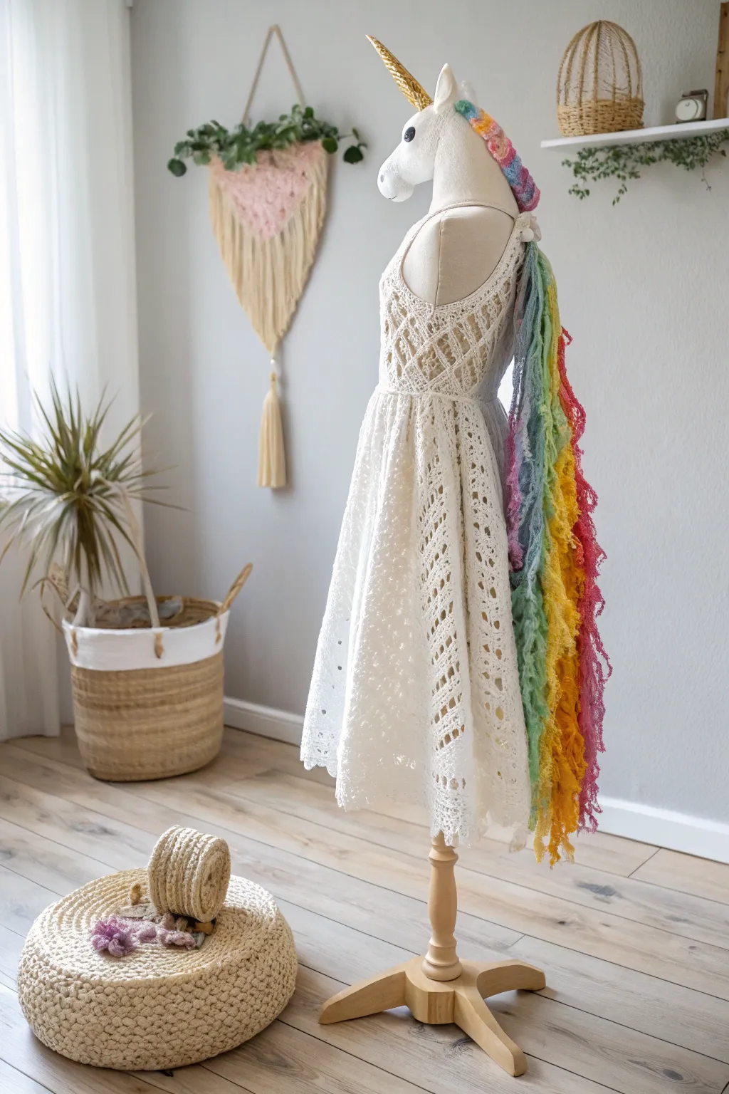 Unleash your inner magic with this enchanting crochet unicorn costume, a perfect blend of fantasy and minimalist elegance.