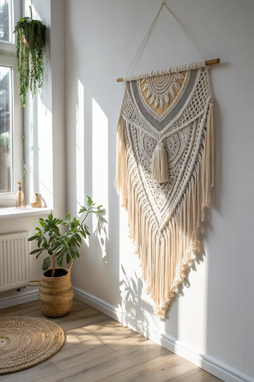 Elevate your space with the serene beauty of crochet artistry. #CrochetWallArt #MinimalistDecor