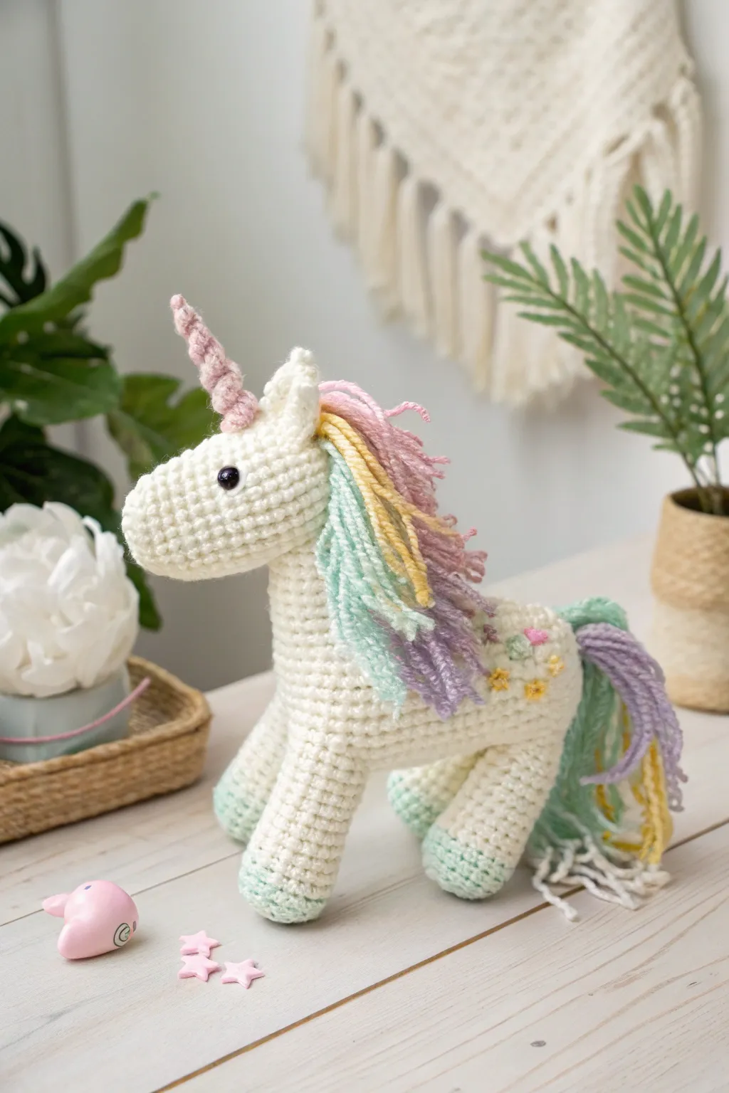 Enchant your space with this delightful crochet unicorn, a perfect blend of whimsy and elegance.