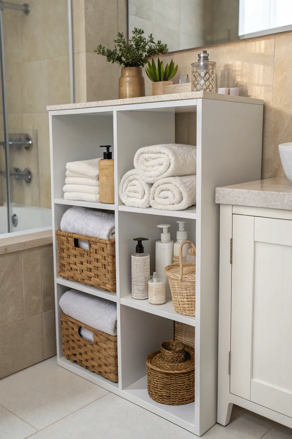Cube storage adds a touch of luxury to bathroom spaces.