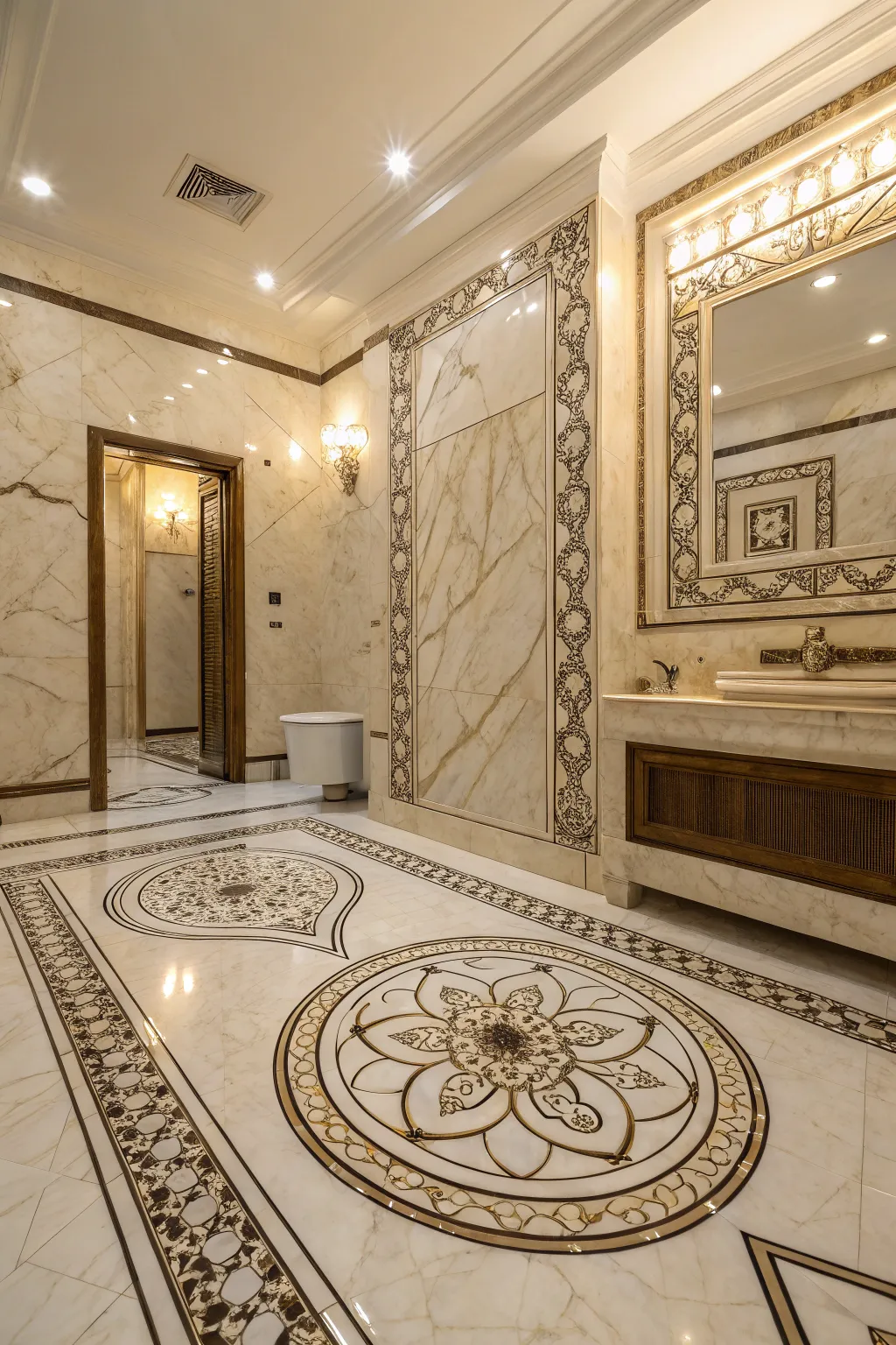 Marble tiles add classic elegance to this custom bathroom.