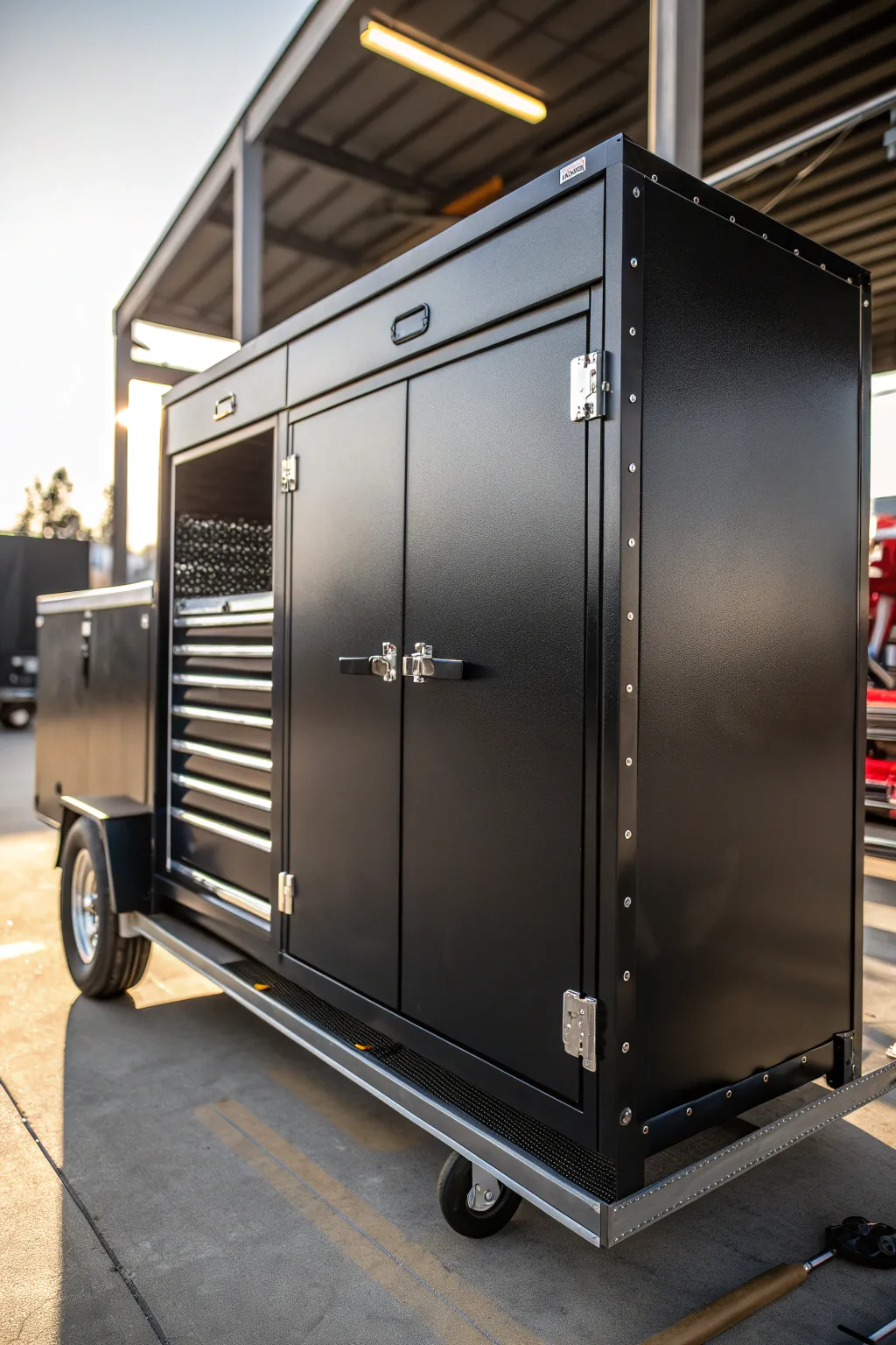 Secure your tools in style with a lockable cabinet on your landscape trailer.