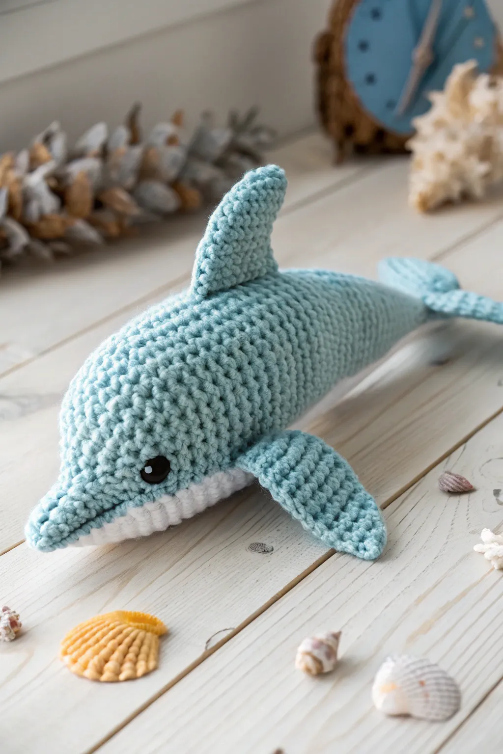 Embrace the ocean's charm with this adorable crochet dolphin, a perfect blend of simplicity and natural beauty.