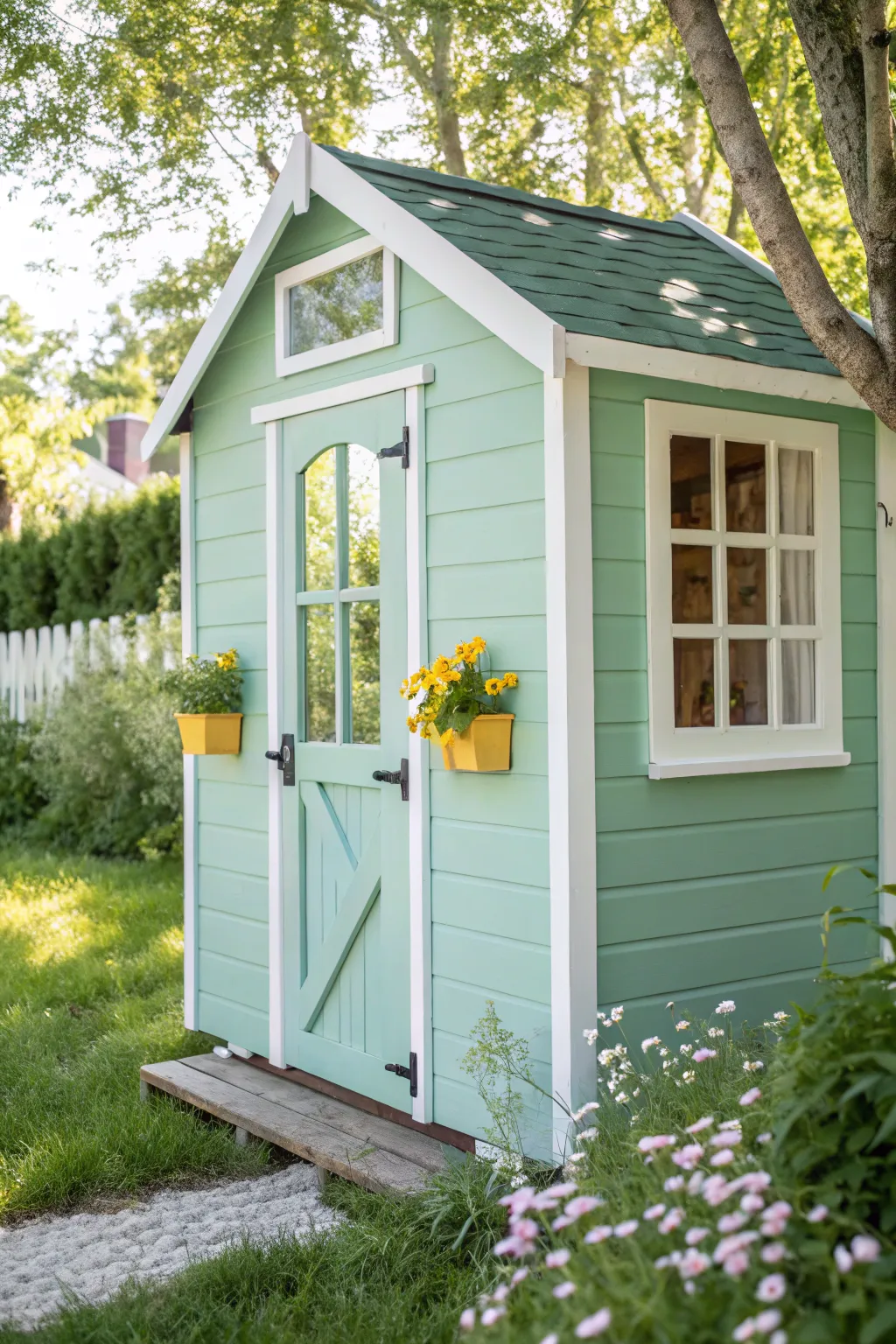 Transform playtime with this cheerful mint green playhouse, a perfect blend of Scandinavian simplicity and boho charm.