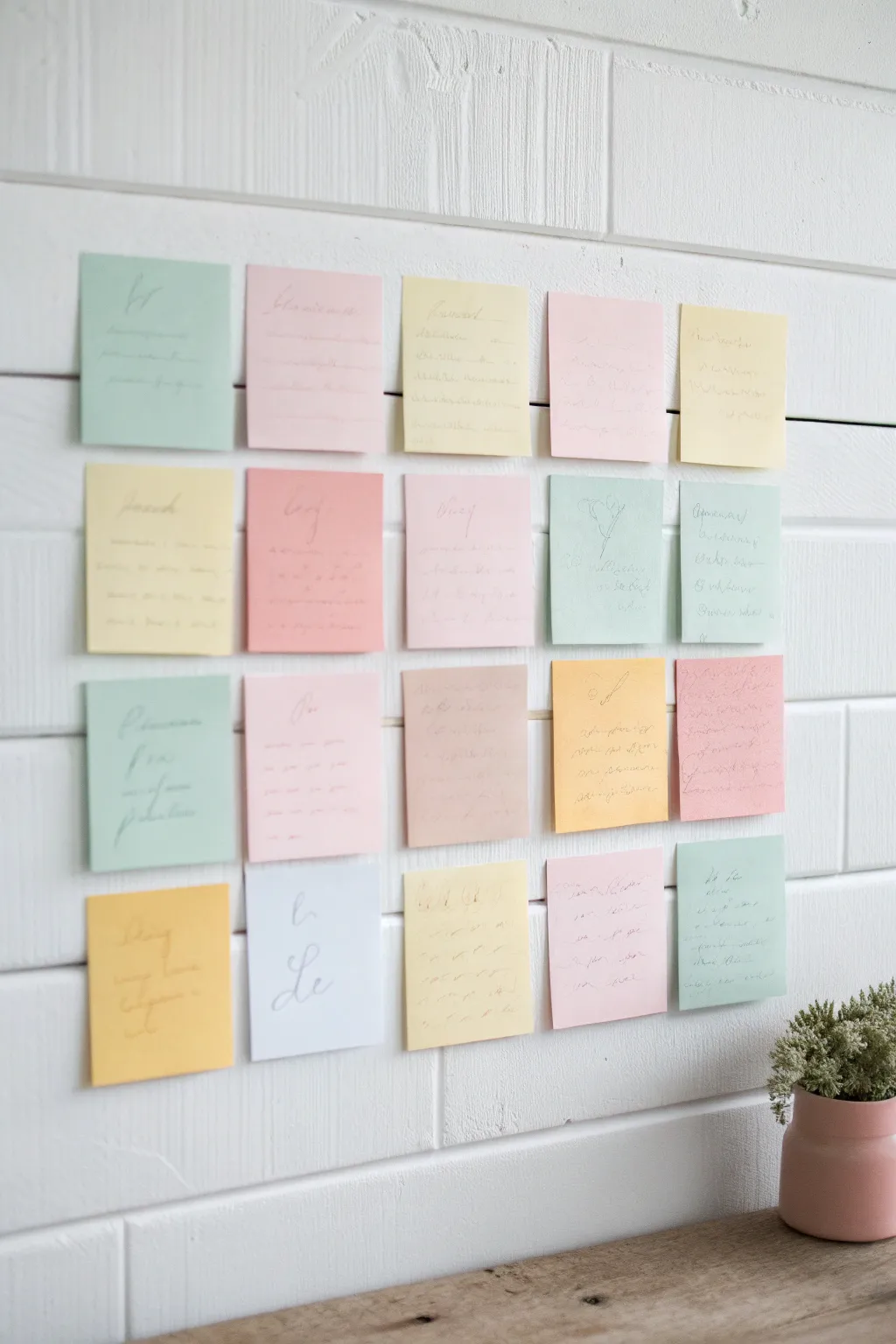Transform your wall into a serene gallery of inspiration with pastel sticky notes and uplifting quotes.