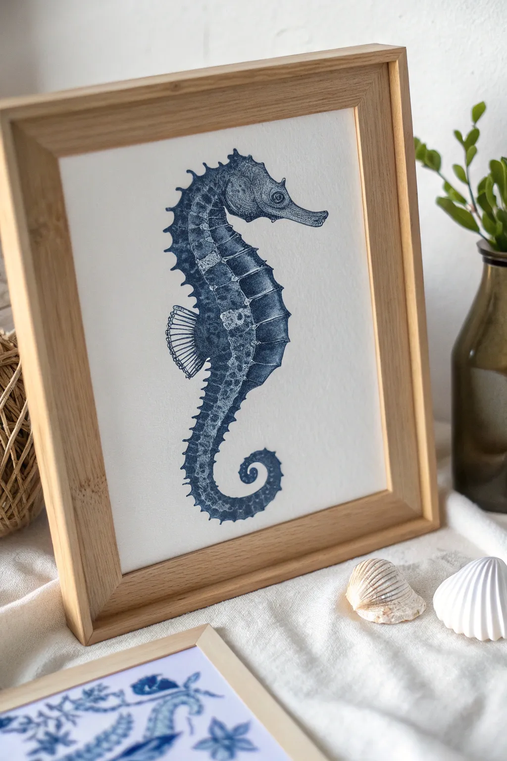Bring the ocean's beauty home with this stunning cyanotype seahorse print, where minimalism meets the sea.