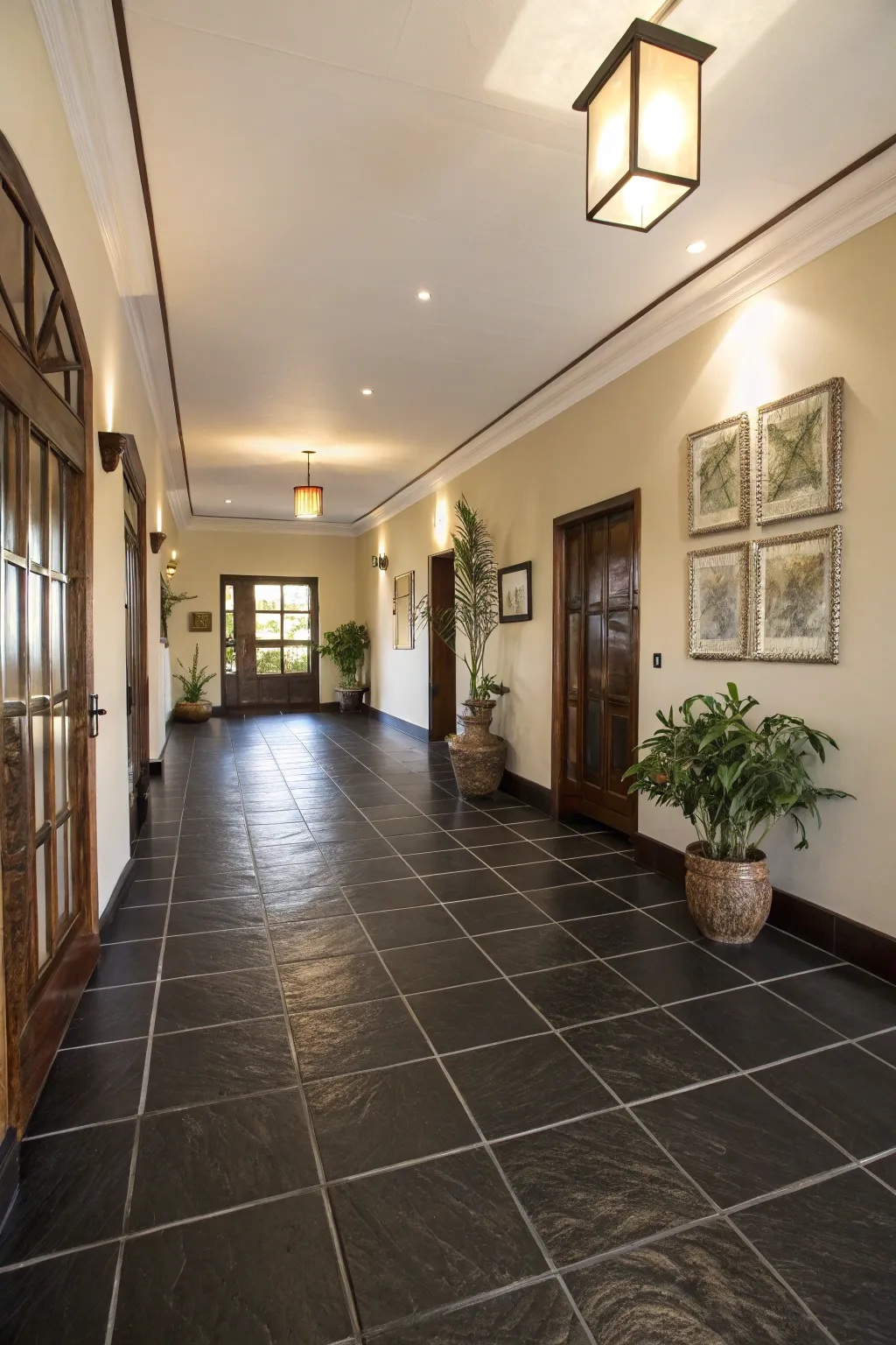 Striking contrast between dark tiles and light elements.