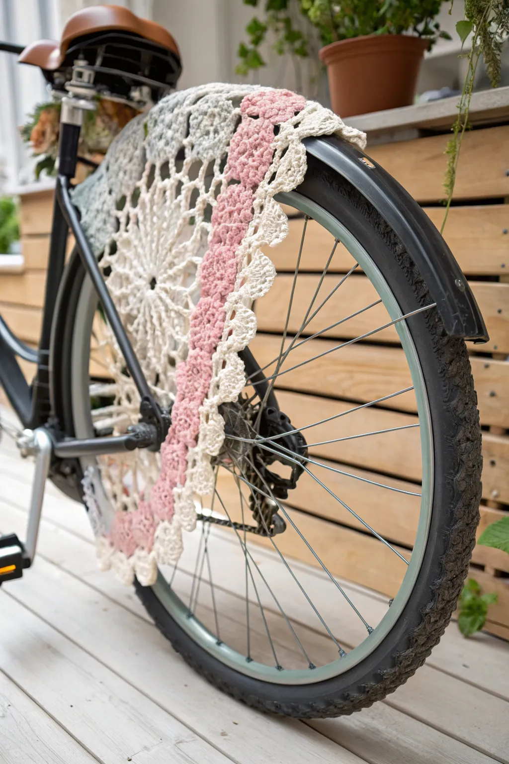 Elevate your ride with a touch of handcrafted elegance. 🌸🚲 #CrochetSkirtGuard #BikeArtistry