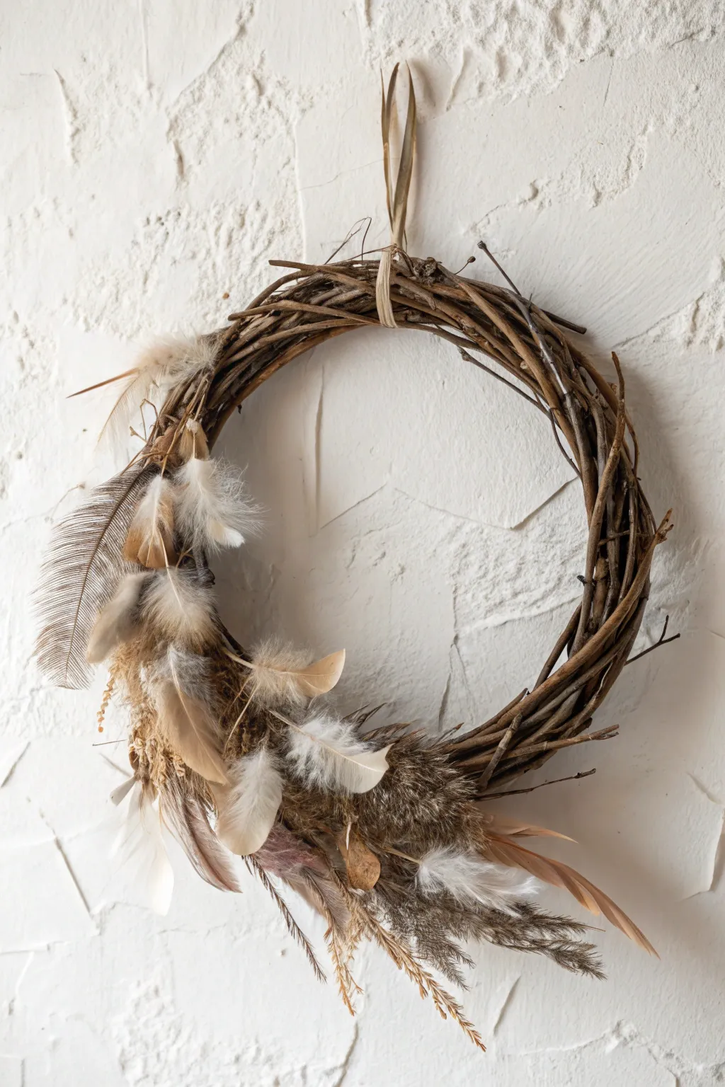 Elevate your space with a touch of boho elegance—feathers and natural fibers on a minimalist grapevine wreath.