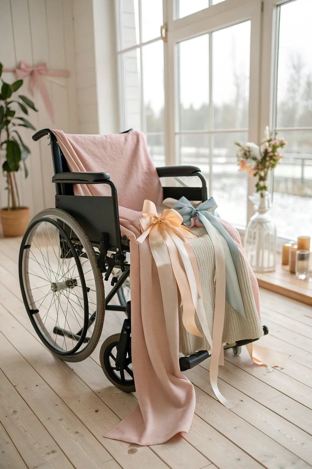 Transform your wheelchair into a cozy work of art with soft fabrics and ribbons. Embrace simplicity and elegance.