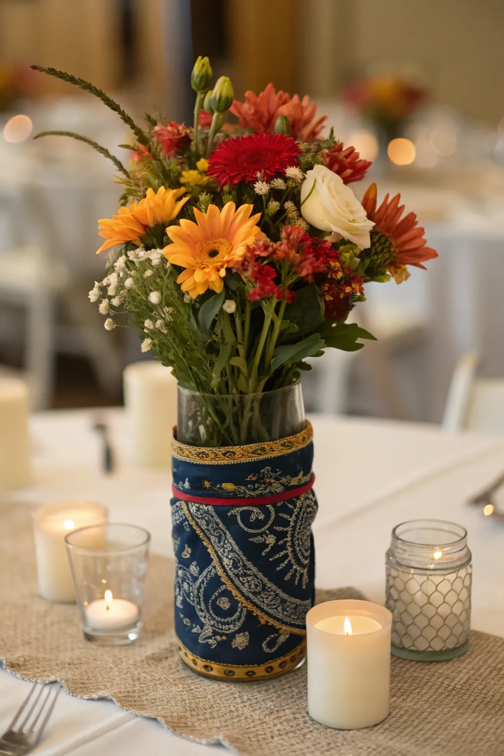 Elevate your table with a bandana-wrapped floral centerpiece.